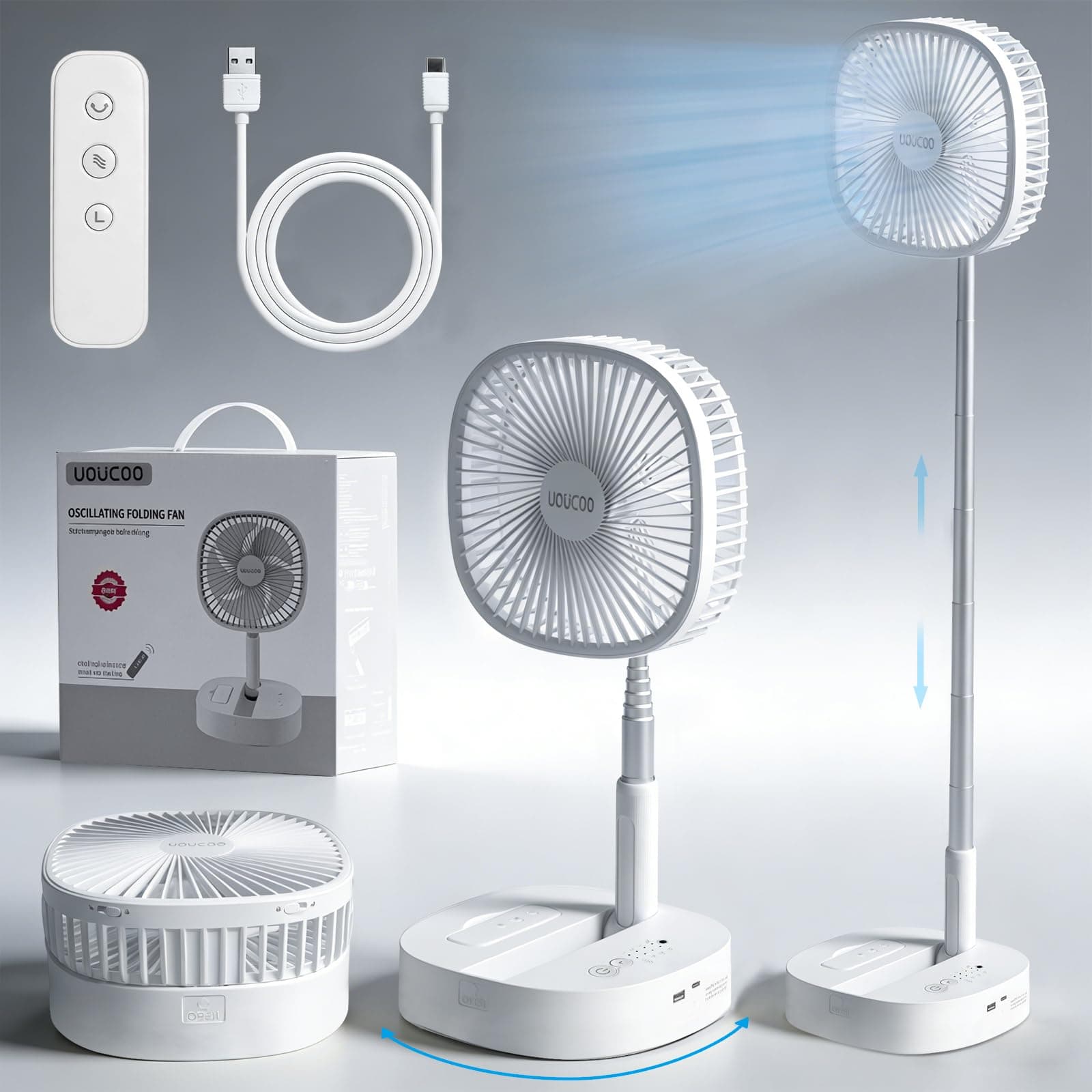 UOUCOO Portable Oscillating Standing Fan,9 Inch Foldable Pedestal Fan,7200mAh Rechargeable Battery USB Powered Floor Fan,Height Adjustable,4 Speeds,Quiet,with Remote Control,Camping Bedroom Desk