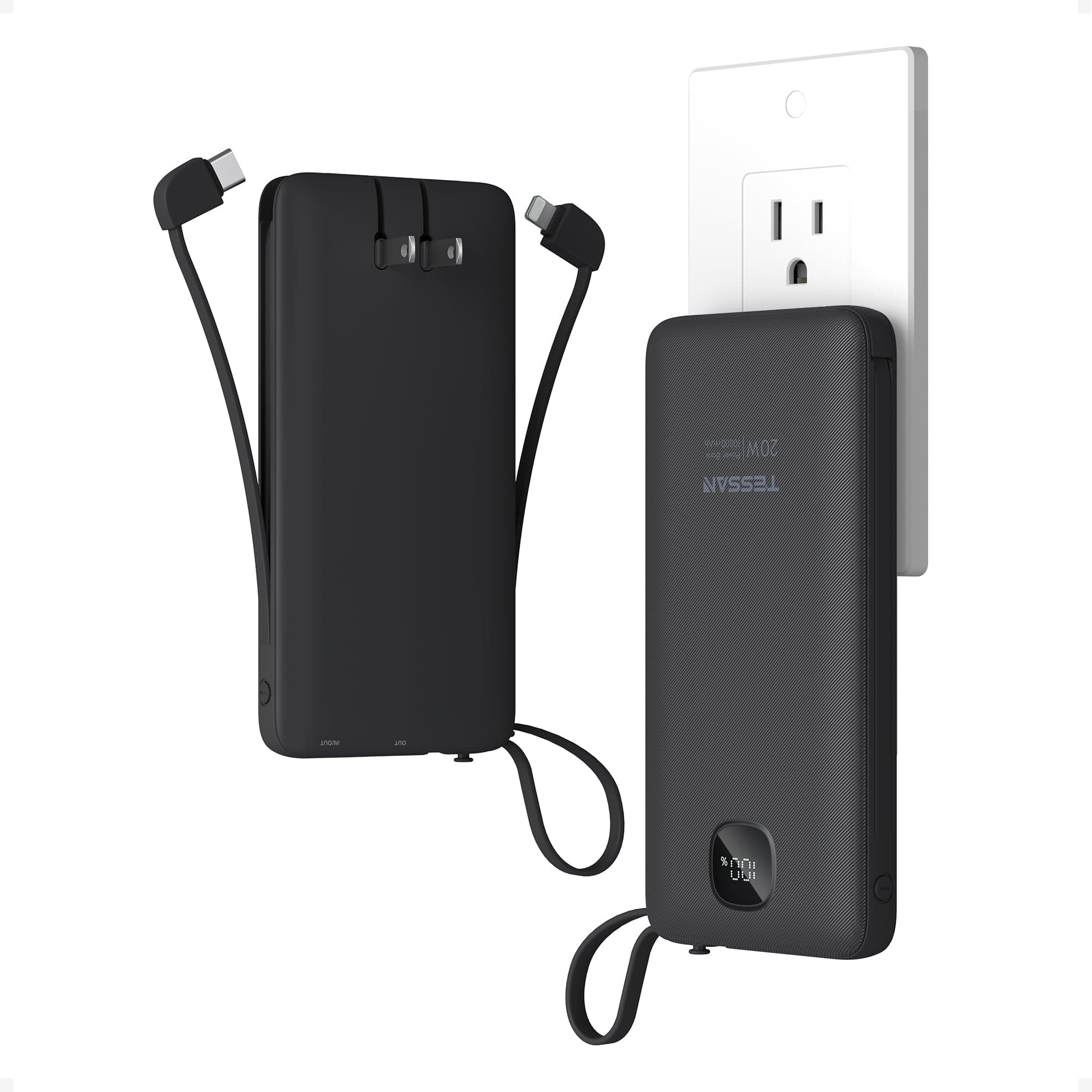 TESSAN Portable Charger with Built in Cables, 10000mAh Power Bank Wall Plug