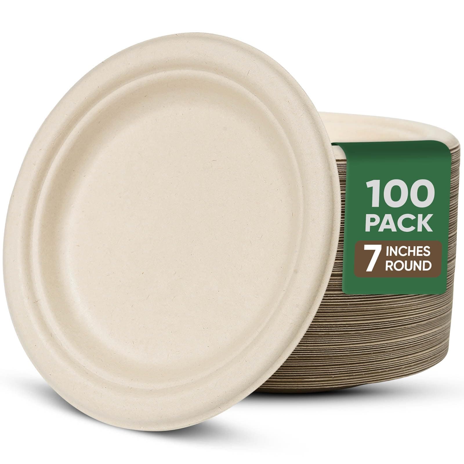Taidmiao Brown Disposable Paper Plate 7 inch,100% Compostable,100 Pack