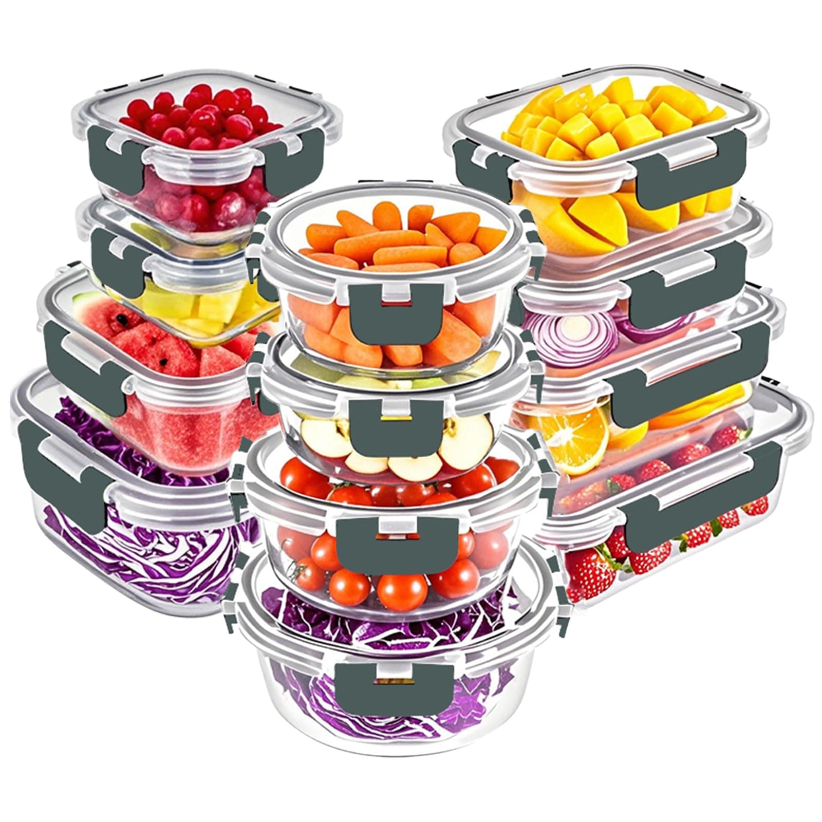 VERONES 12 Packs Glass Food Storage Containers Set with Lids, Grey