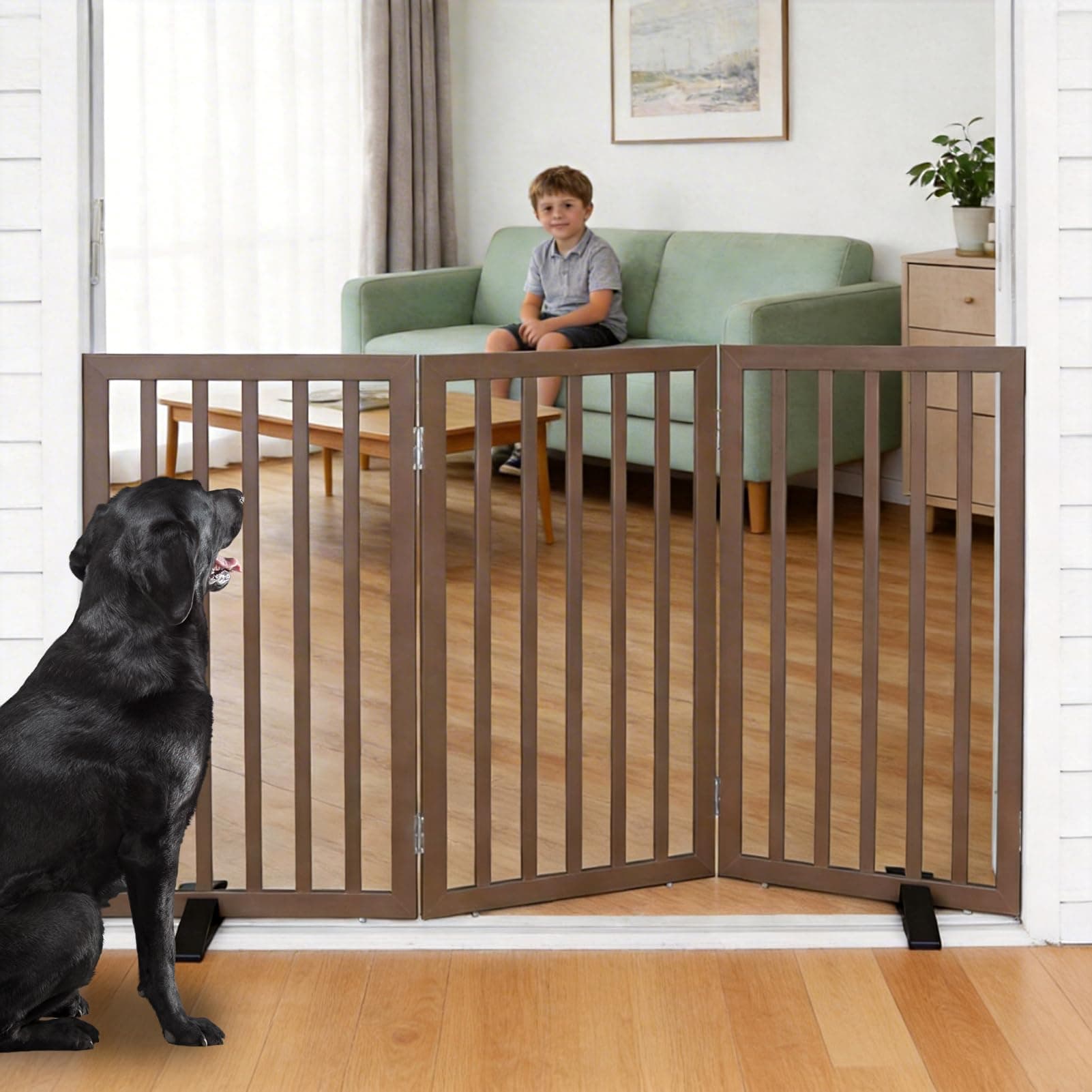 ZJSF Freestanding Indoor Dog Gate for House Foldable Wood Puppy Gate for Doorways Pet Gate for Stairs Extra Wide Pet Fence, Brown, 32" Height 3 Panels