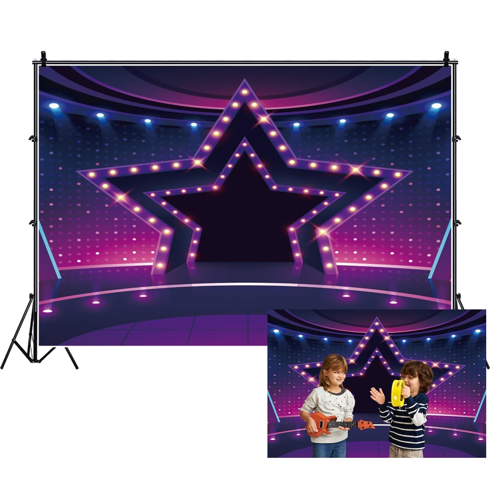 Renaiss 7x5ft Stage Concert Backdrop Purple Star Spotlight Hall Club Background Superstar Drama Play Music Dance Shower Background for Movie Night Performance Scene Photo Studio Booth Props Vinyl