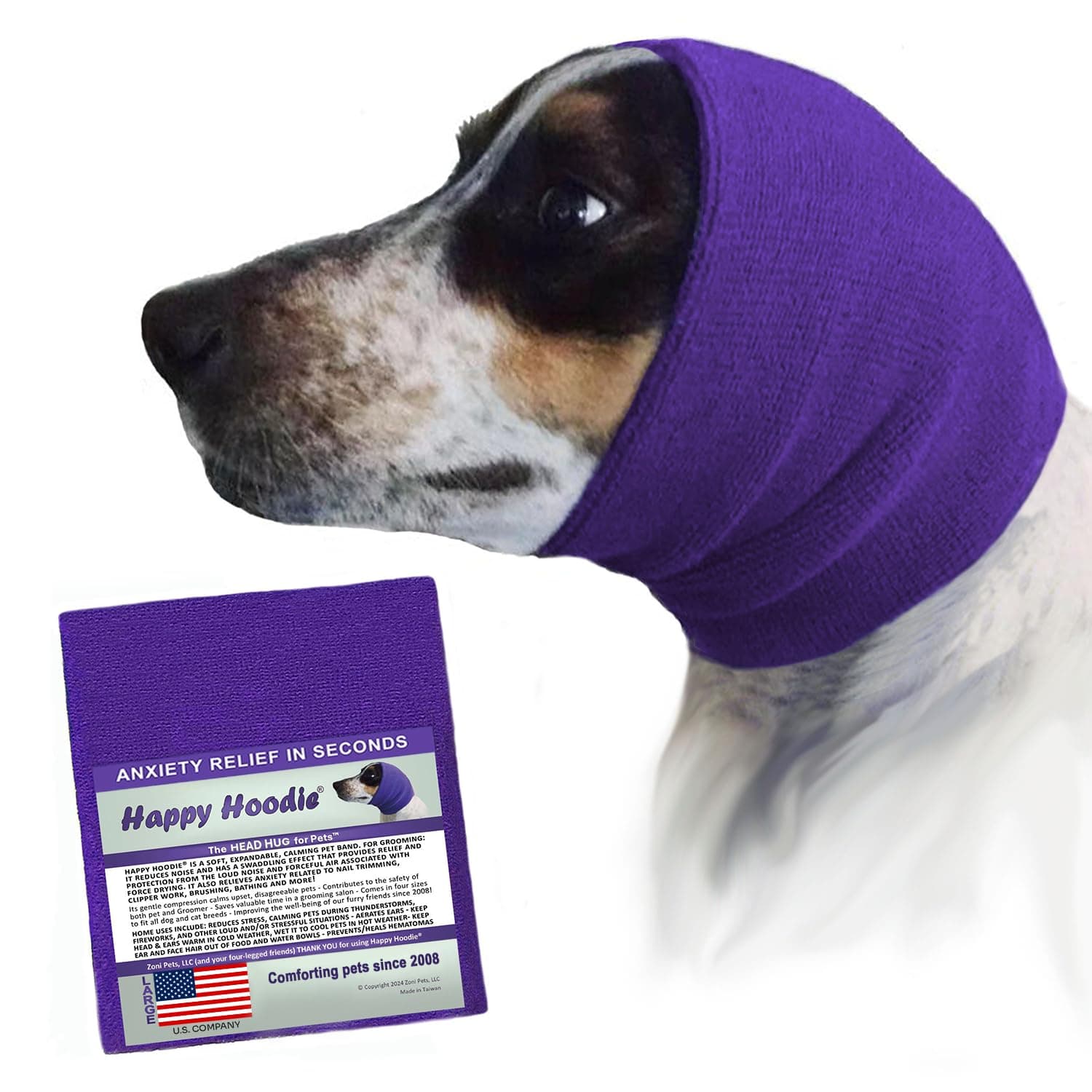 Happy Hoodie The Original Dog & Cat Calming Band - American Brand - Anxiety Relief/Noise Protection-Grooming-Thunder-Fireworks (Large, Purple) - Since 2008
