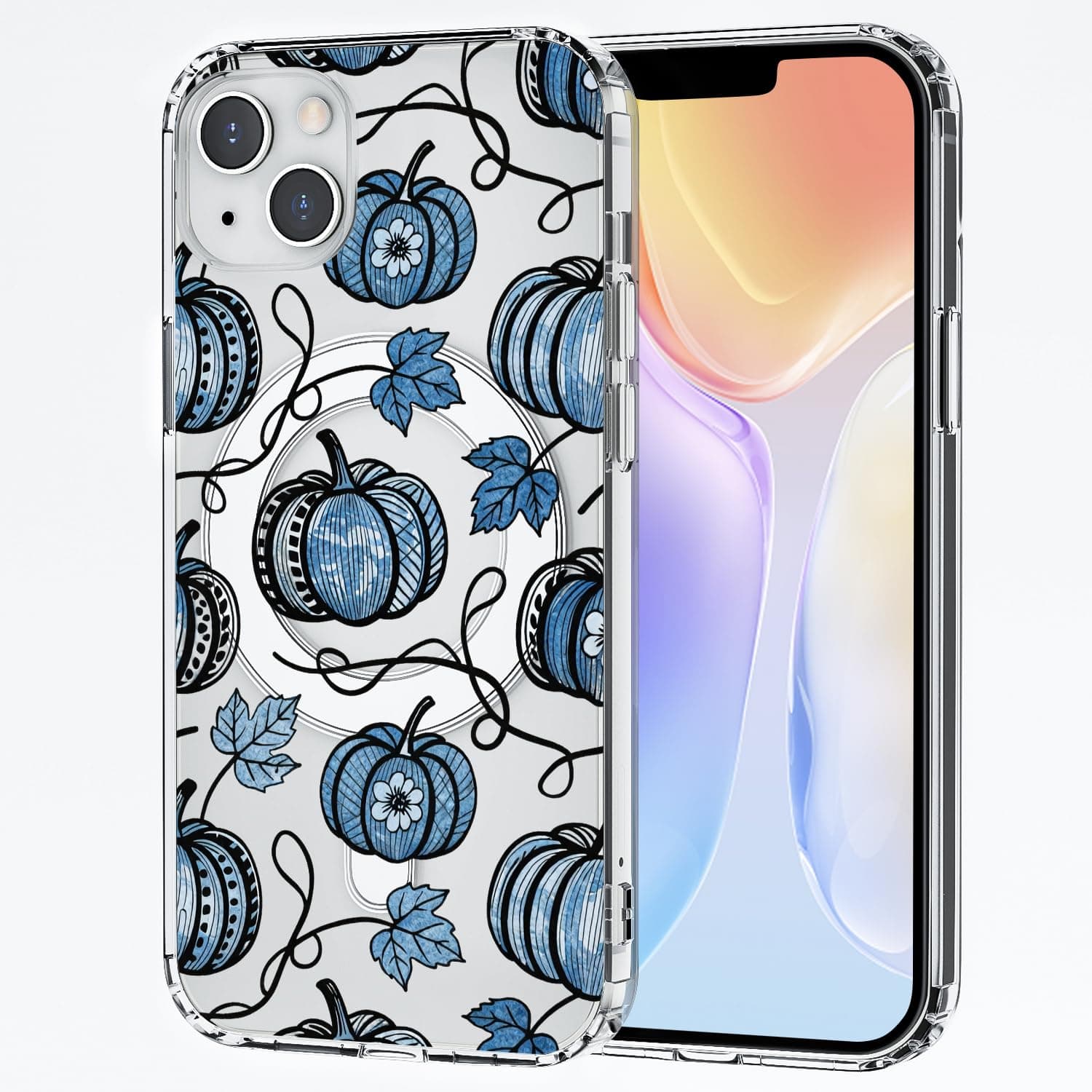 CozyNestCYMagnetic Vintage Pumpkin Case for iPhone 15 Plus Fall Flower Leaf Clear Phone Cover Compatible with Mag Safe Wireless Slim Cool Halloween Shell Anti-Yellow Shockproof Protective Girl