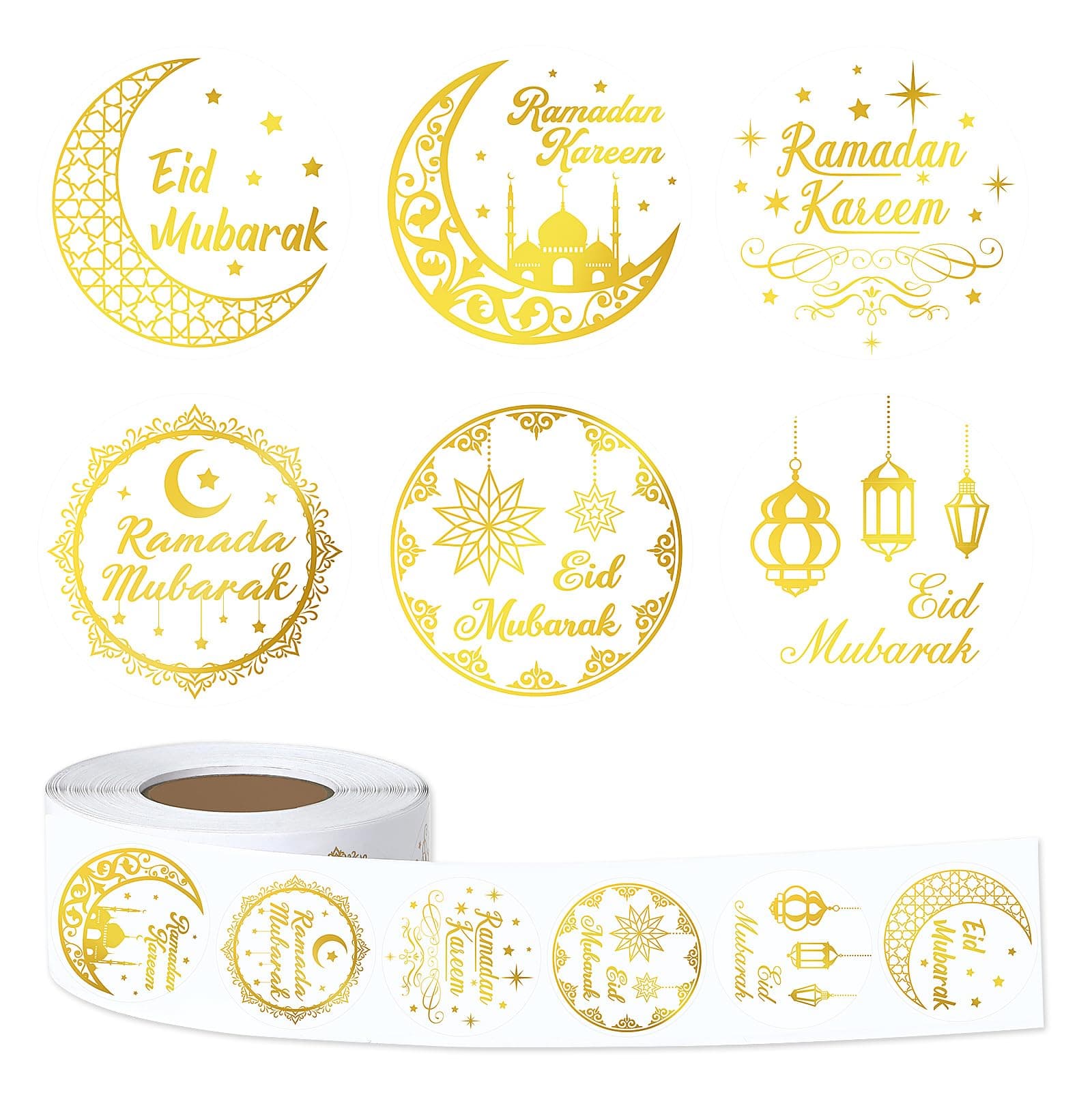 FEBSNOW Ramadan Stickers, 600 Pcs Gold Foil Eid Mubarak Stickers Easy to Peel off 6 Styles Ramadan Kareem Labels for Eid Ramadan Envelope Card Gifts Box Decorations Ramadan Party Supplies