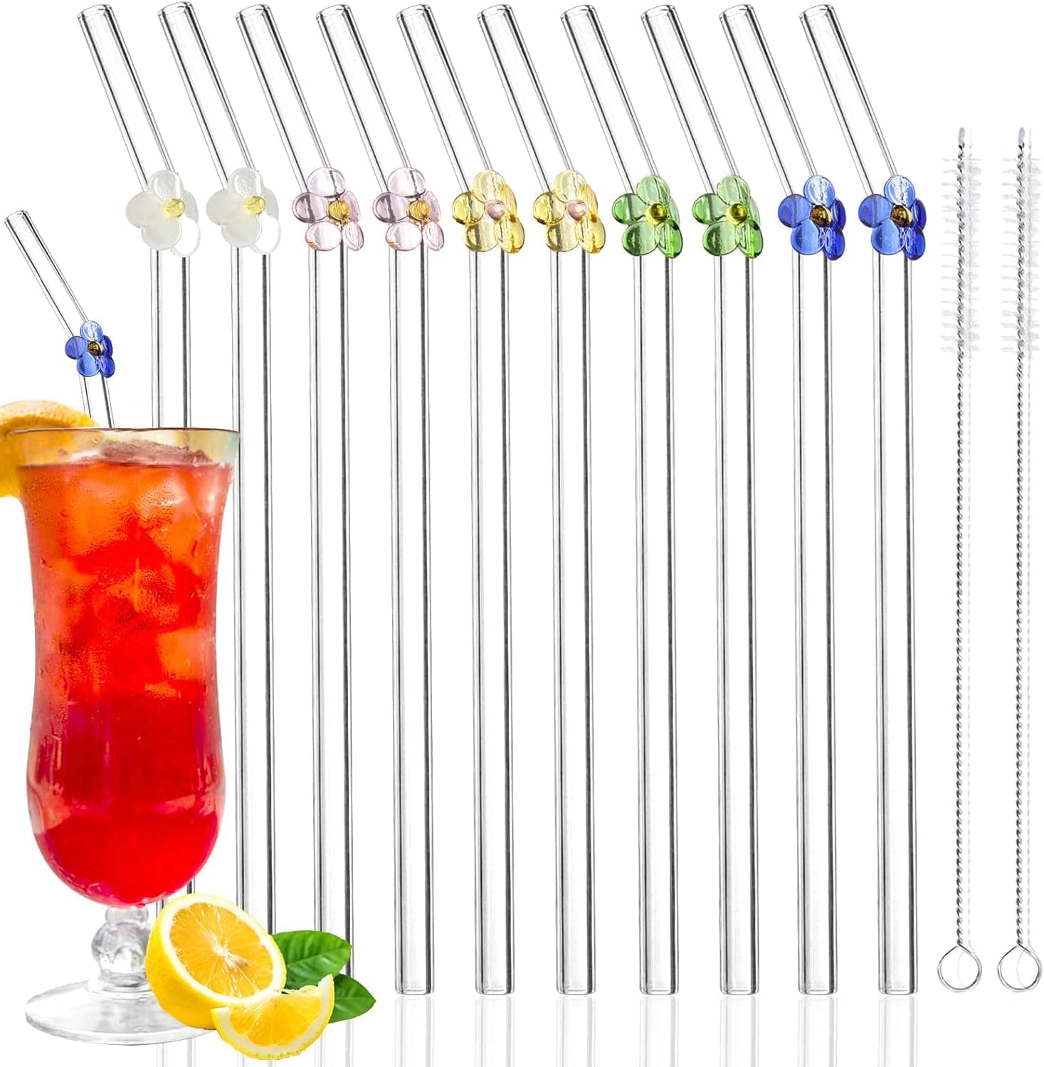 10 Pcs Flower Glass Straws，Reusable Glass Straws with 2 Cleaning Brushes Cute Colorful Straw for Smoothies, Milkshakes, Juices, Teas Dishwasher Safe Eco-Friendly for Party Weddings