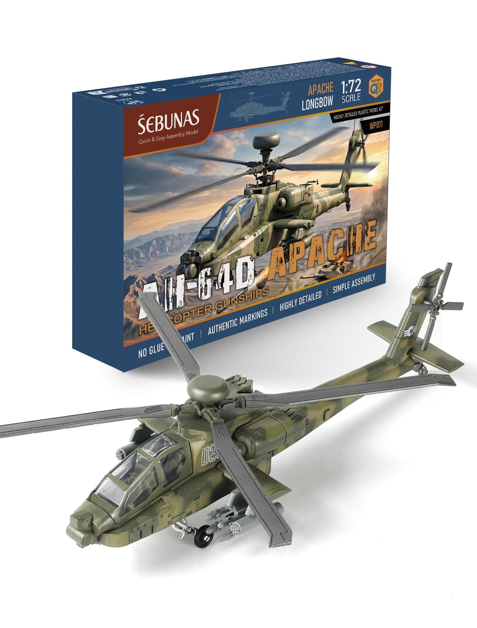 SEBUNAS 1:72 Scale AH-64 Apache Quick Build Helicopter Model Kit Plastic Toy Assembly Military Helicopter Model Gift for Kids (25 Pieces)