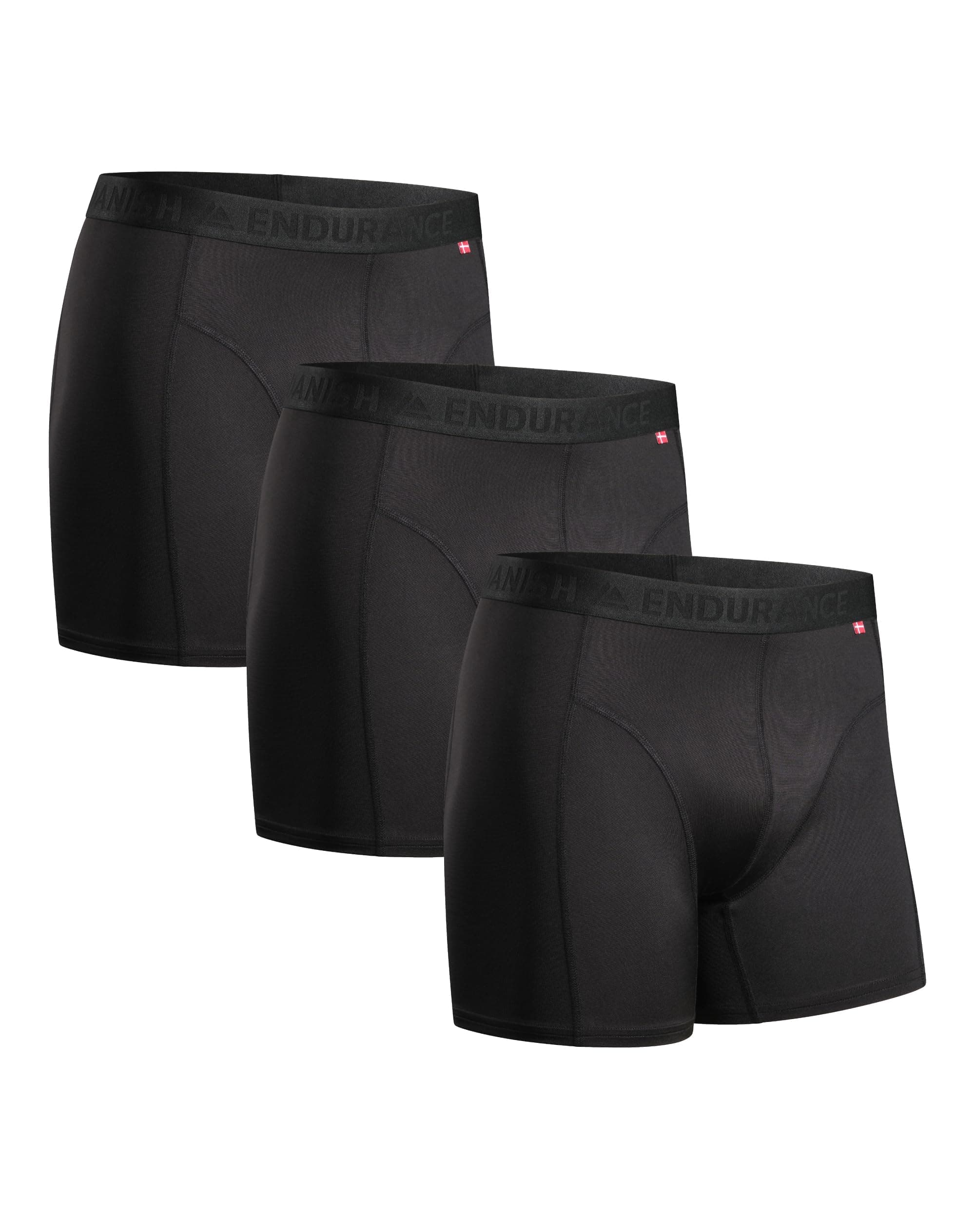 DANISH ENDURANCE Mens Boxers, Anti Chafing, Long Leg or Regular, Sports Underwear Men, Running Boxers, 3 Pack, Black, Medium
