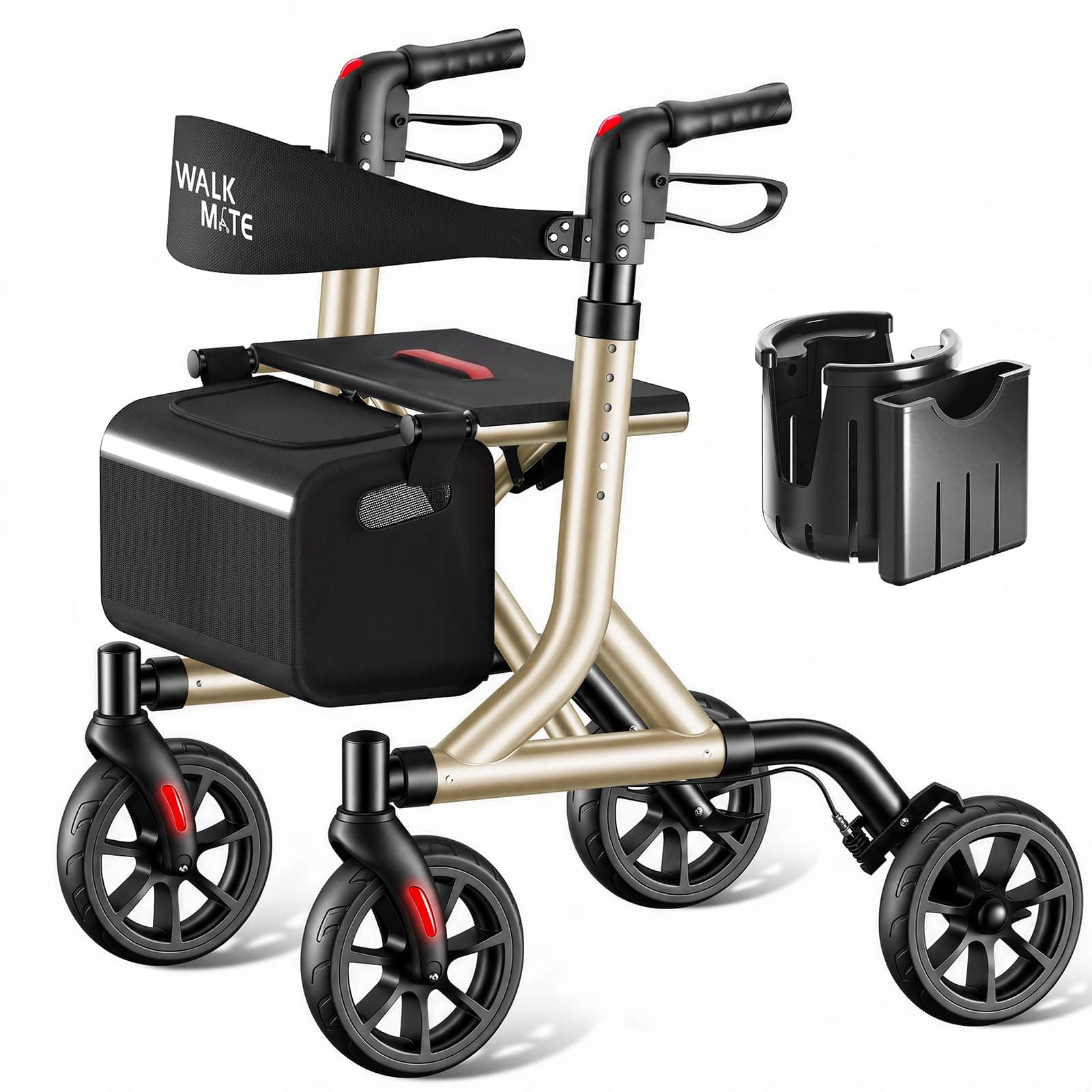 WALK MATE Rollator Walker for Seniors, Upgraded Thumb Press Height Adjustment, Lightweight 8 Inch Wheels with Cup Holder, Padded Seat & Backrest Folding Walking Aid, Gold