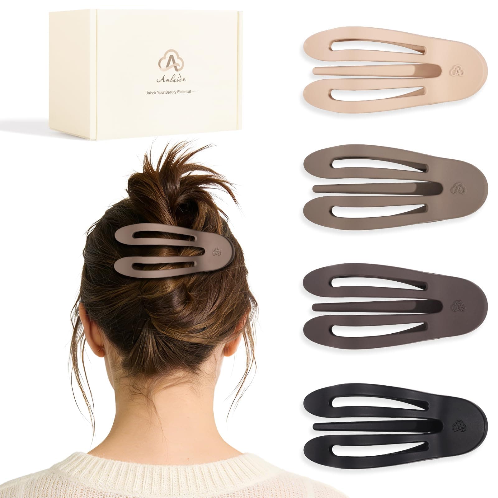 Amlaidu Medium Flat Hair Clips for Women Girls, Lay Down Claw Clips for Thin Thick Hair, French Side Duckbill Hairclips, Strong Hold Non Slip Hair Barrettes for Yoga Driving - 4Pcs Matte Brown