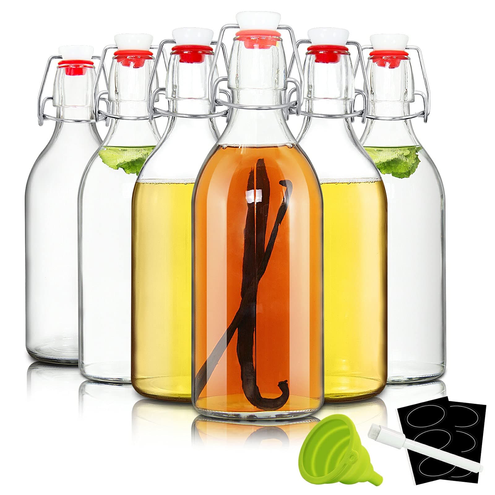 YEBODA 16 oz Clear Swing Top Glass Bottles with Airtight Lids, 6 Pack