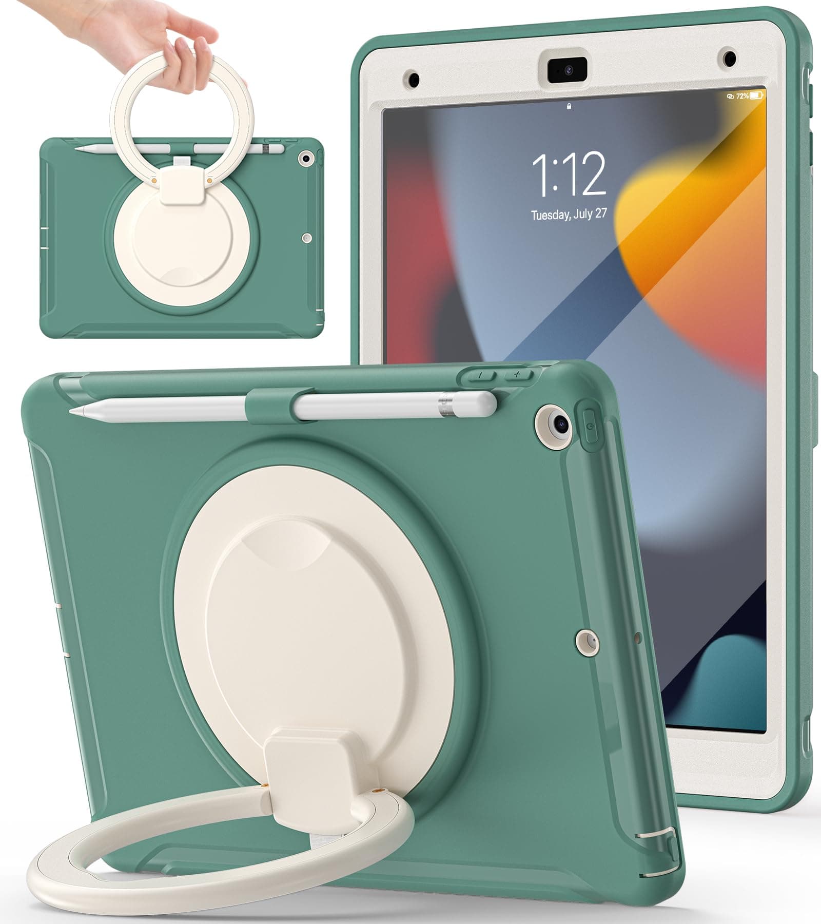 BATYUE Shockproof Case for iPad 7th/8th/9th Gen 2019/2020/2021 | 360° Multi-Angle Stand (Portrait & Landscape) & Grip, Built-in Screen Protector, Pencil Holder, Jade Green
