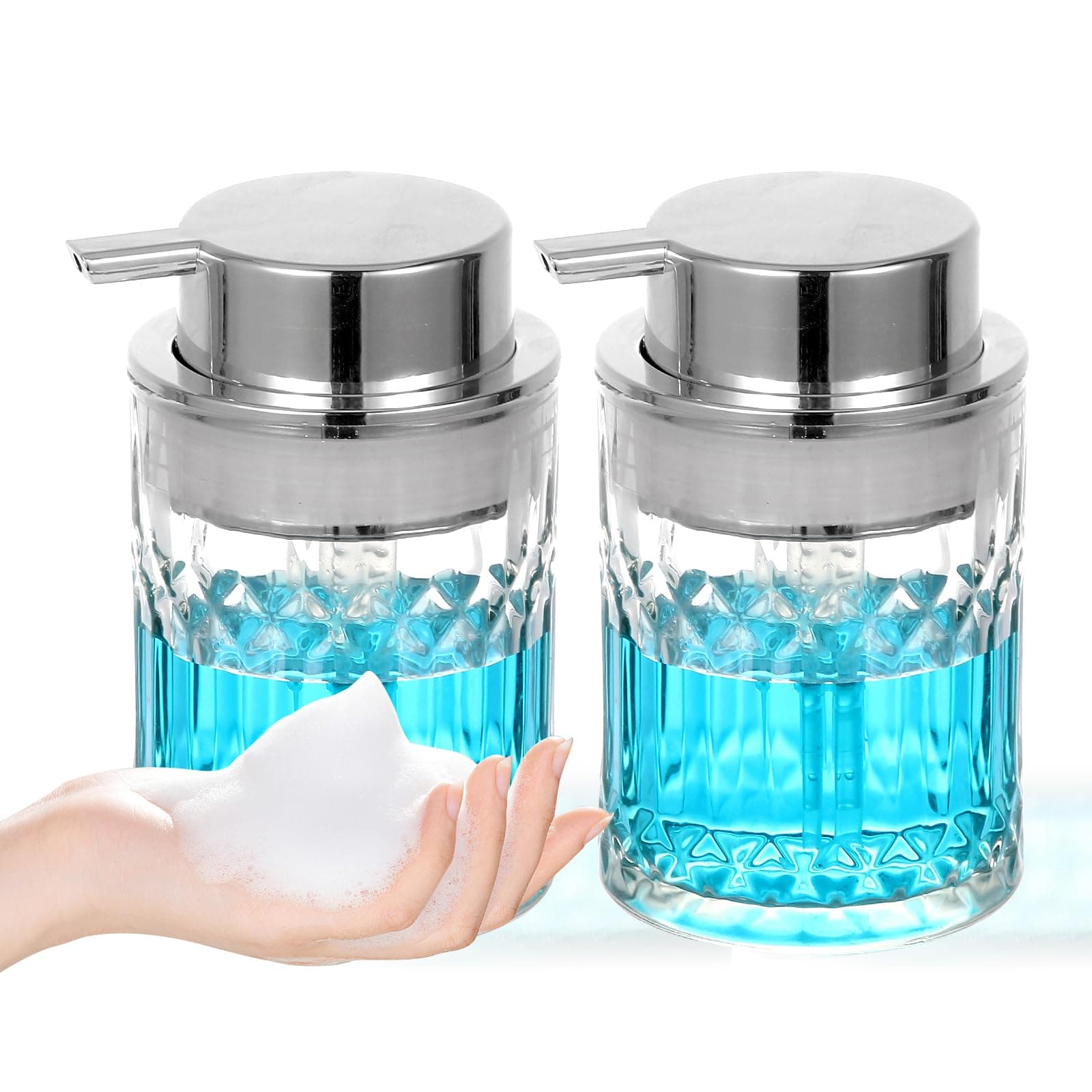 PLOUTA HOME Foaming Soap Dispenser,2 Pack Clear Glass Foam Hand Soap Dispenser for Bathroom, Refillable 8 Fl Oz Foamy Pump Bottle with Large Sliver Pump,Vintage Dish Soap Foam Dispenser