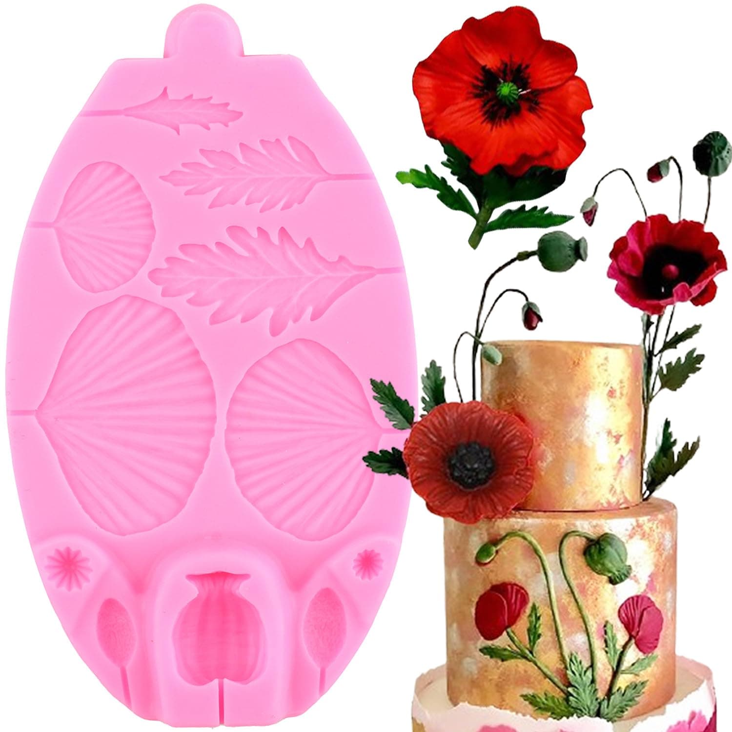 YIHUOMOLDS Gumpaste Flower Silicone Veining Mold Poppy Fondant Mold For Cake Decorating Cupcake Topper Chocolate Candy Gum Paste Polymer Clay