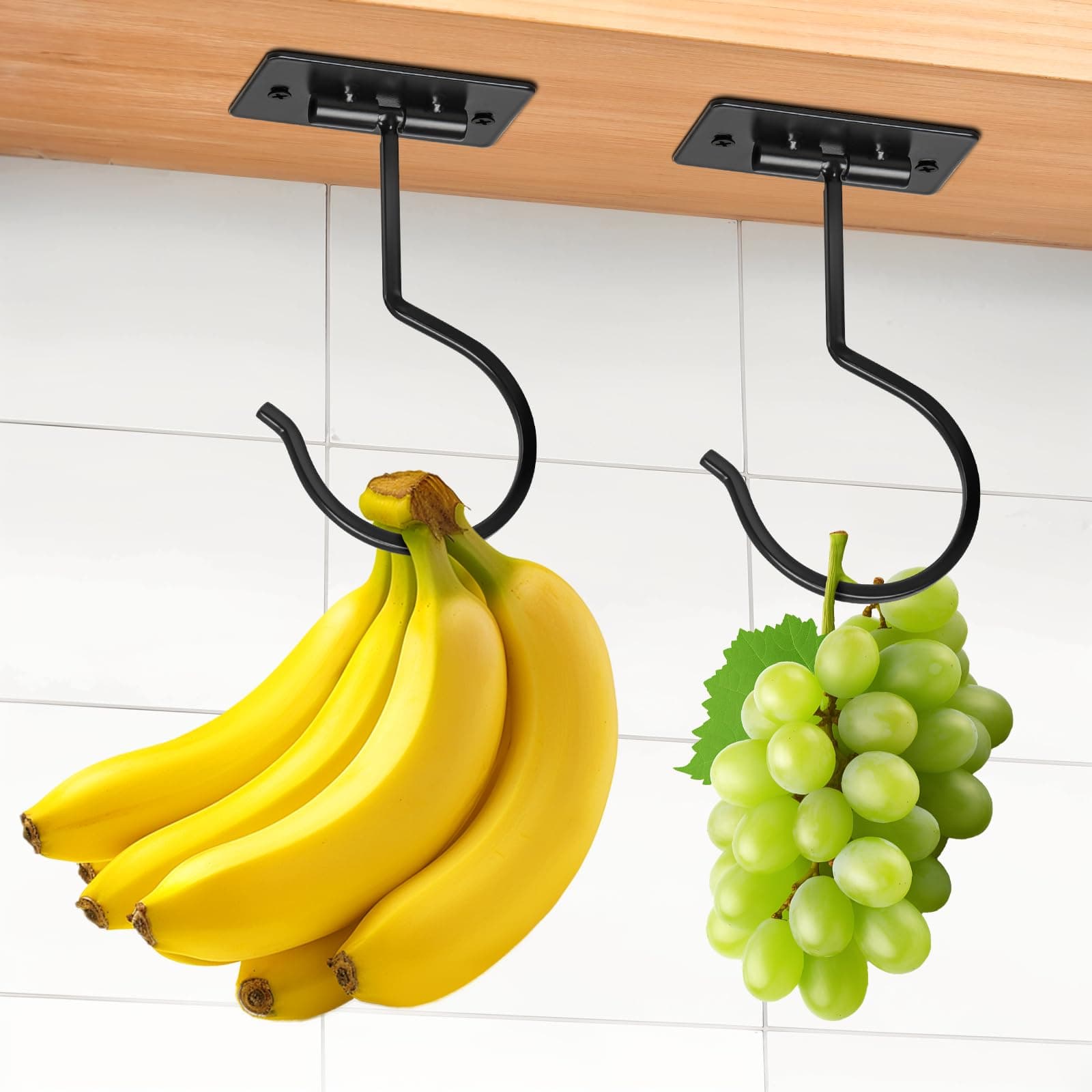2 Pack Self Adhesive Banana Hook Under Cabinet Foldable Banana Hanger Metal Under Counter Banana Holder for Kitchen RV Space Saving Keep Bananas Fresh, Black