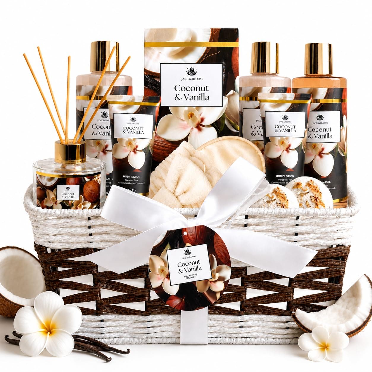 Spa Gift Basket for Women, Vanilla & Coconut Bath Gift Set with Shower Gel, Shampoo, Bubble Bath, Diffuser, Bath Bombs, Lotion & More | Bath and Body Spa Kit