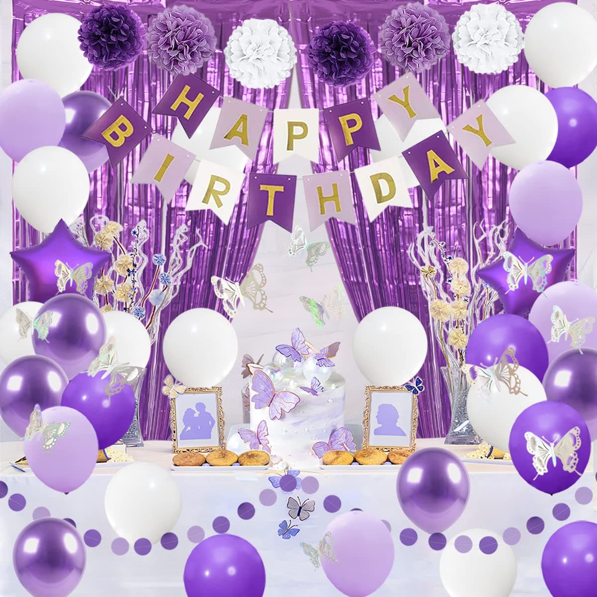 Purple and White Birthday Decorations, Purple Party Supplies with Tissue Pom Pom Flowers, Happy Birthday Banner, Metallic Purple, Light Purple and White Balloons, Matte Foil Fringe Curtain, Butterfly Stickers and Cake Toppers for Women Girls Kids