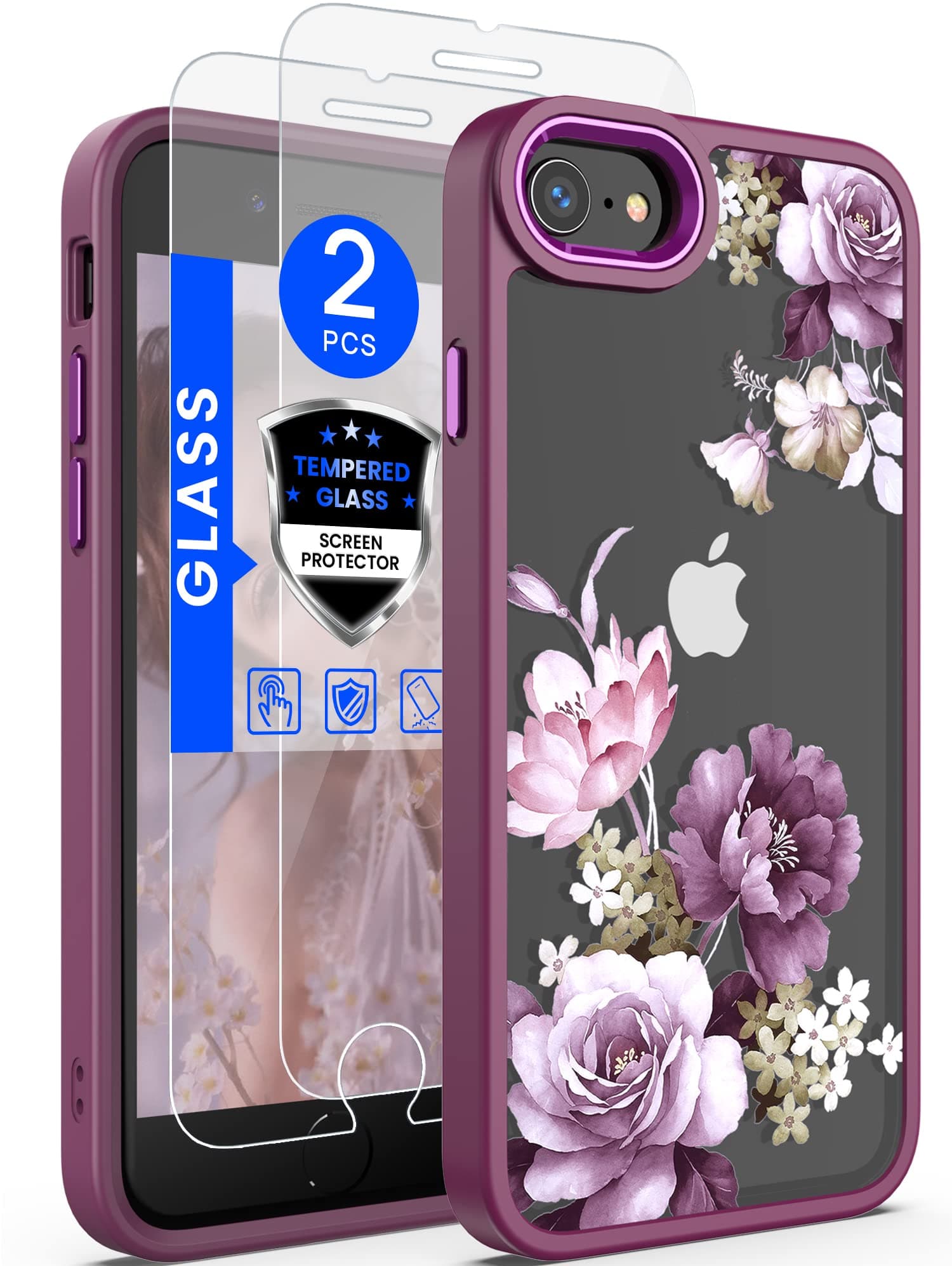 Dretal for iPhone SE 2022/2020 Case,iPhone 8/7 Case,with Tempered Glass Screen Protector [Military Grade Drop Tested] Hard Back & Soft Edge Slim Flower Women Girls Phone Protective Cover (Purple)