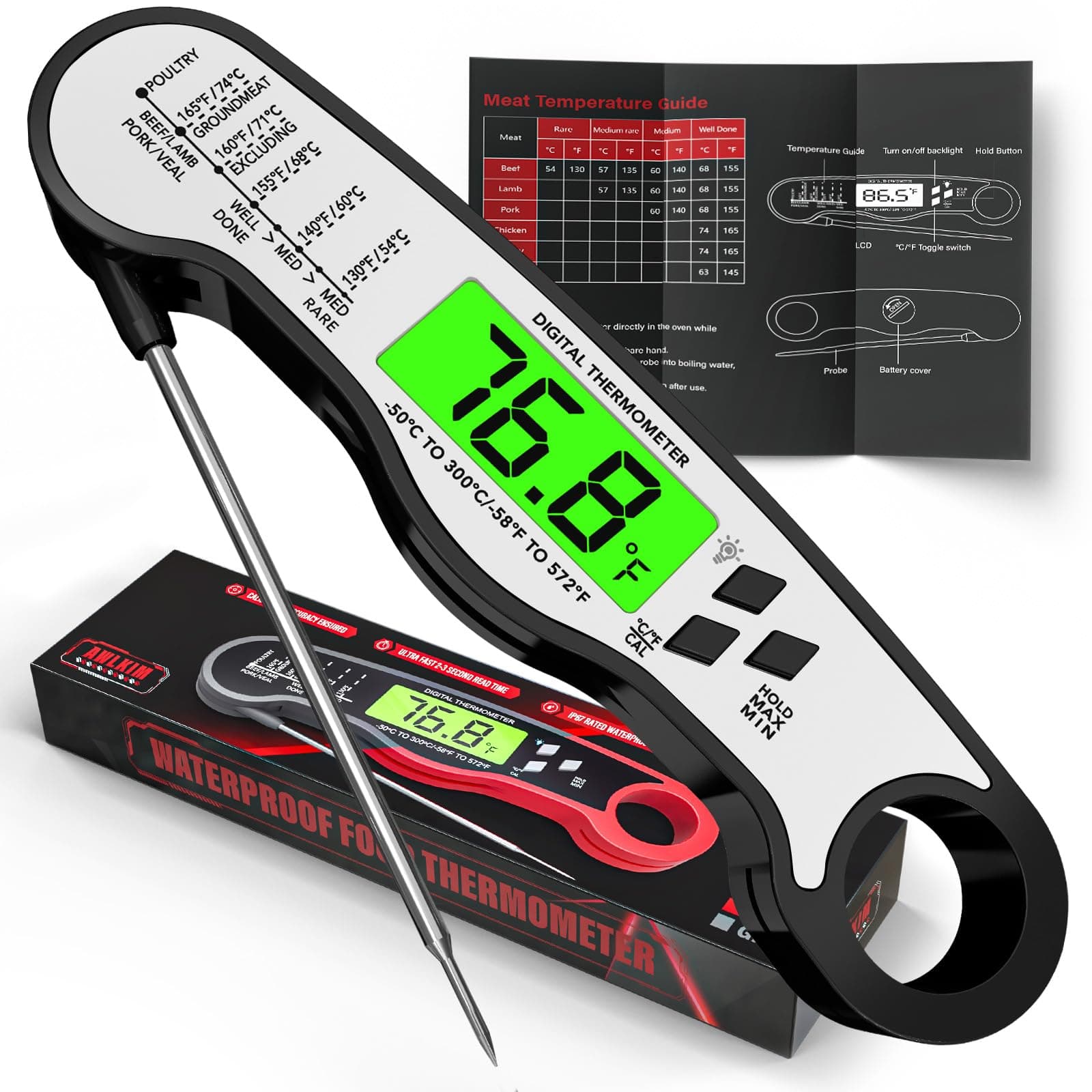 AWLKIM Digital Meat Thermometer Instant Read Food Probe for BBQ