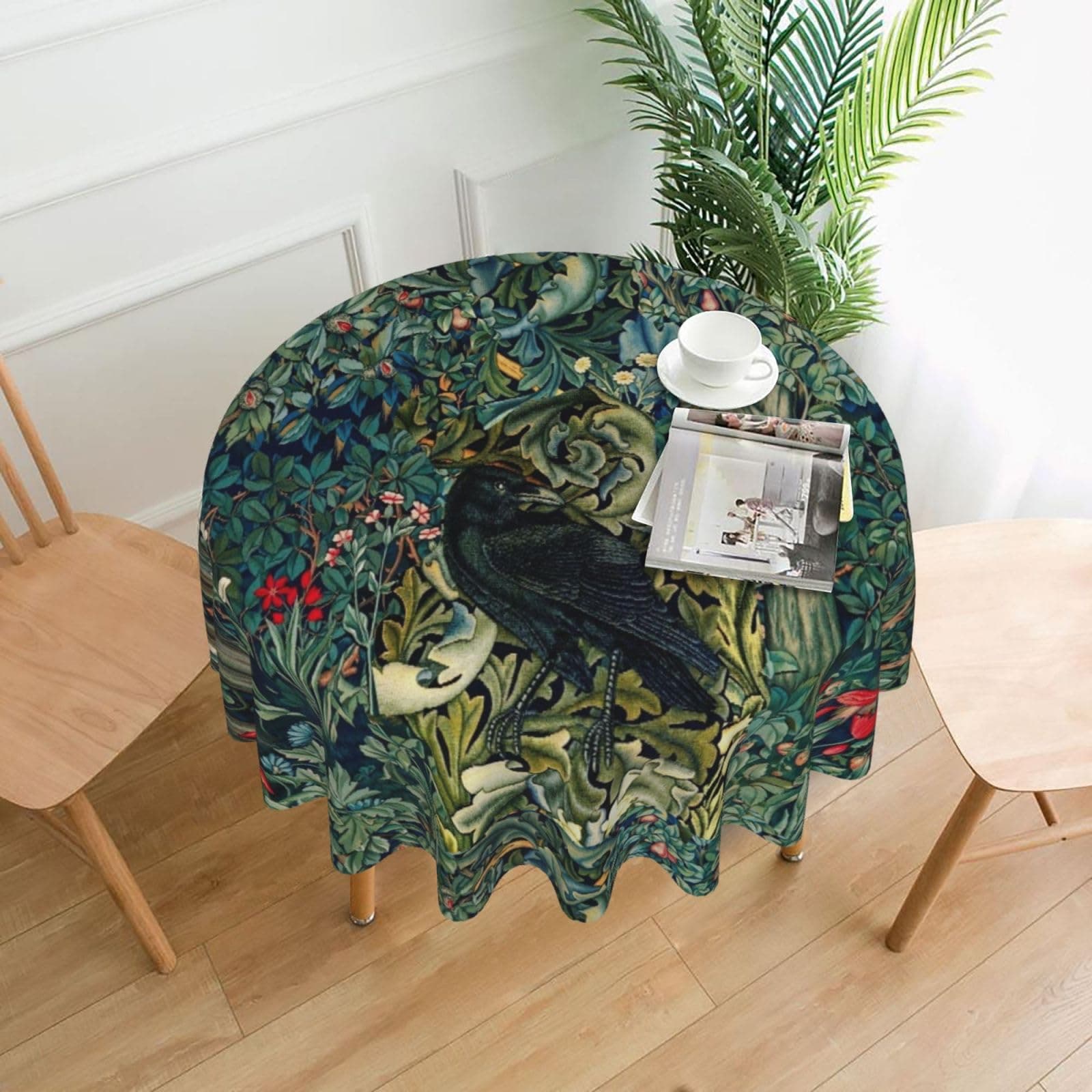 Throyka William Morris Forest Animals Raven On Acanthus Leaves Blue Green Floral Round Tablecloth Waterproof Washable Table Cover 60inch for Farmhouse Home Kitchen Dining Party Patio Indoor Outdoor