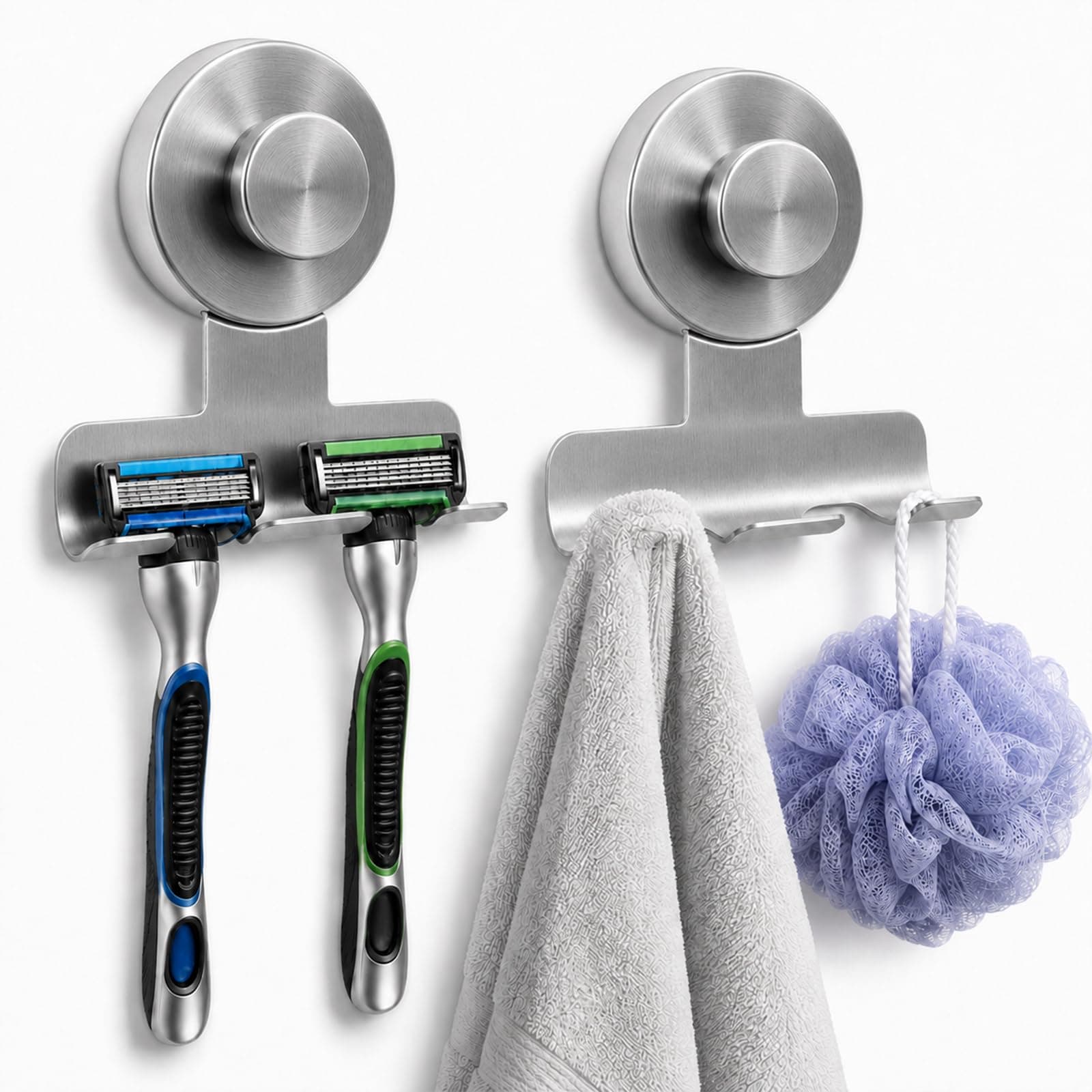 Anreelkou 2Pcs Suction Cup Razor and Shaver Holder for Shower Wall, No-Drill Shaver Hook | Heavy-Duty Damage-Free on Tiles/Glass Matte, Silver