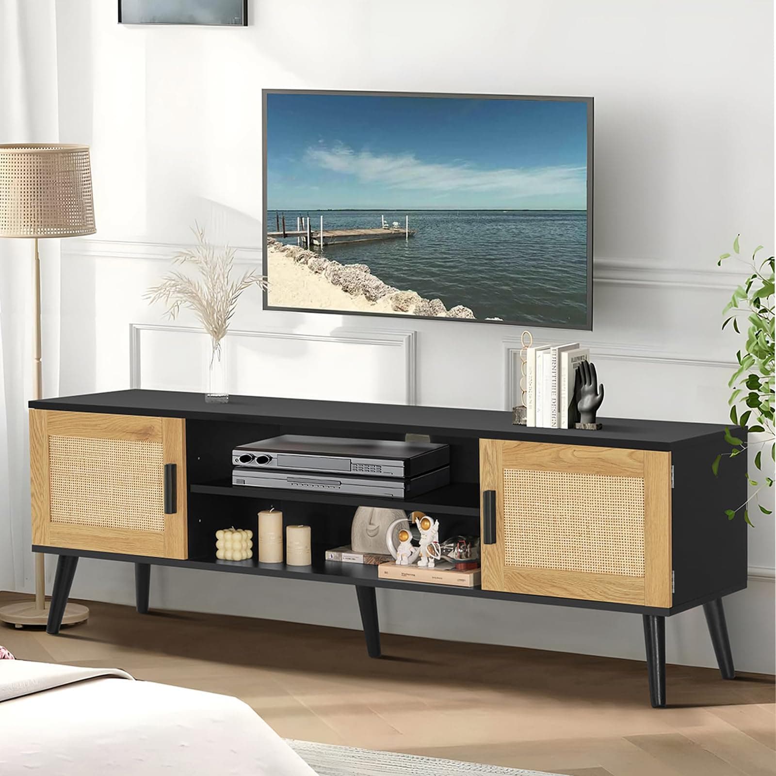 FIONESO Rattan TV Stand for 60 Inch TV, TV Bench, Entertainment Center TV Console with 2 Cabinets & Shelf, Media Console, Rattan Cabinet for Living Room, Natural + Black