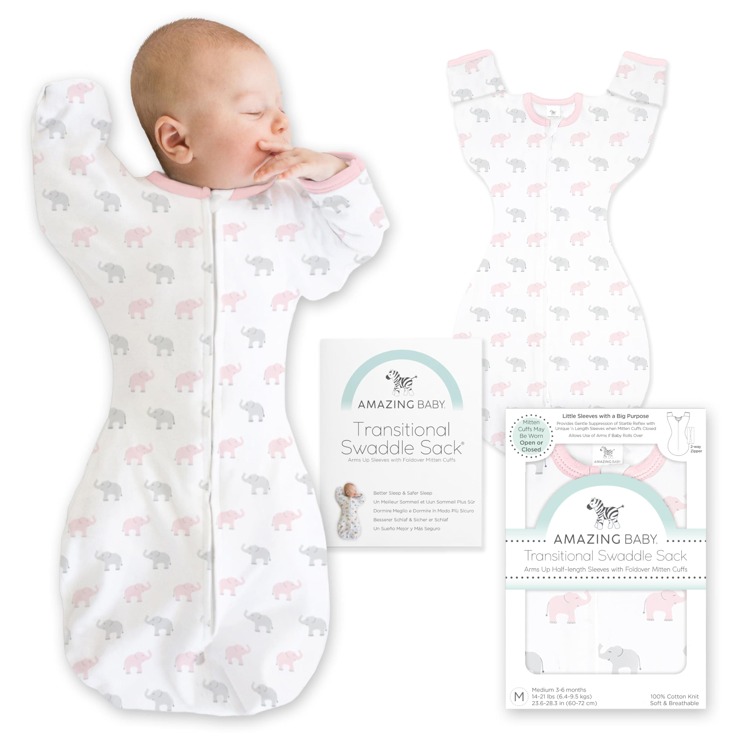 Amazing Baby Transitional Swaddle Sack, Arms Up Half-Length Sleeves & Mitten Cuffs, Swaddle for Newborn Transition to Baby Sleep Sack Wearable Blanket, Large, 6-9 mo, 21-24 lb, Pink Tiny Elephants