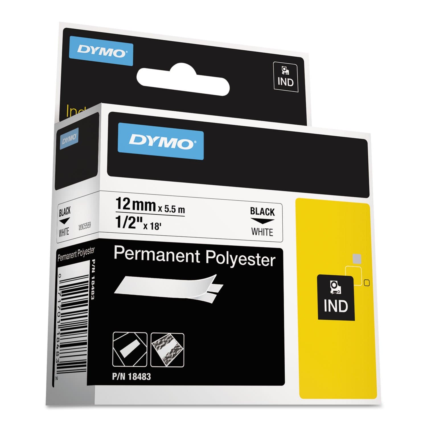 DYMO 18483 Rhino Permanent Poly Industrial Label Tape, 1/2-Inch x 18 ft, White/Black Print