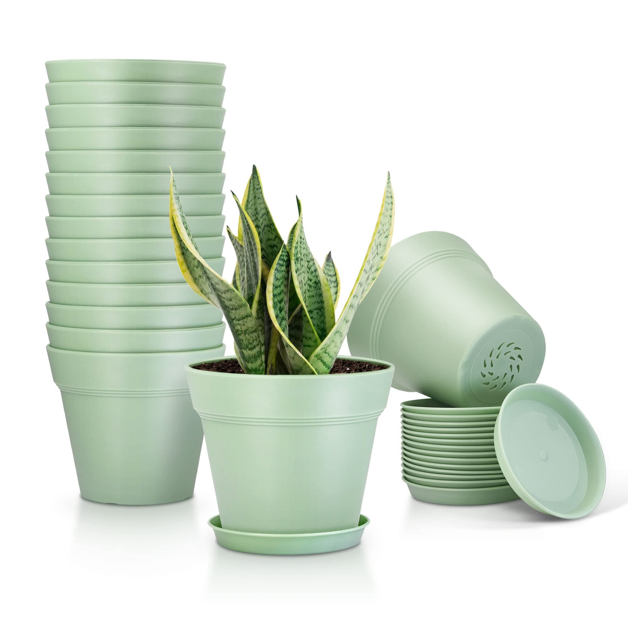 16Pcs Plastic Plant Pots with Drainage Holes & Tray 4in Indoor Flowers Pots