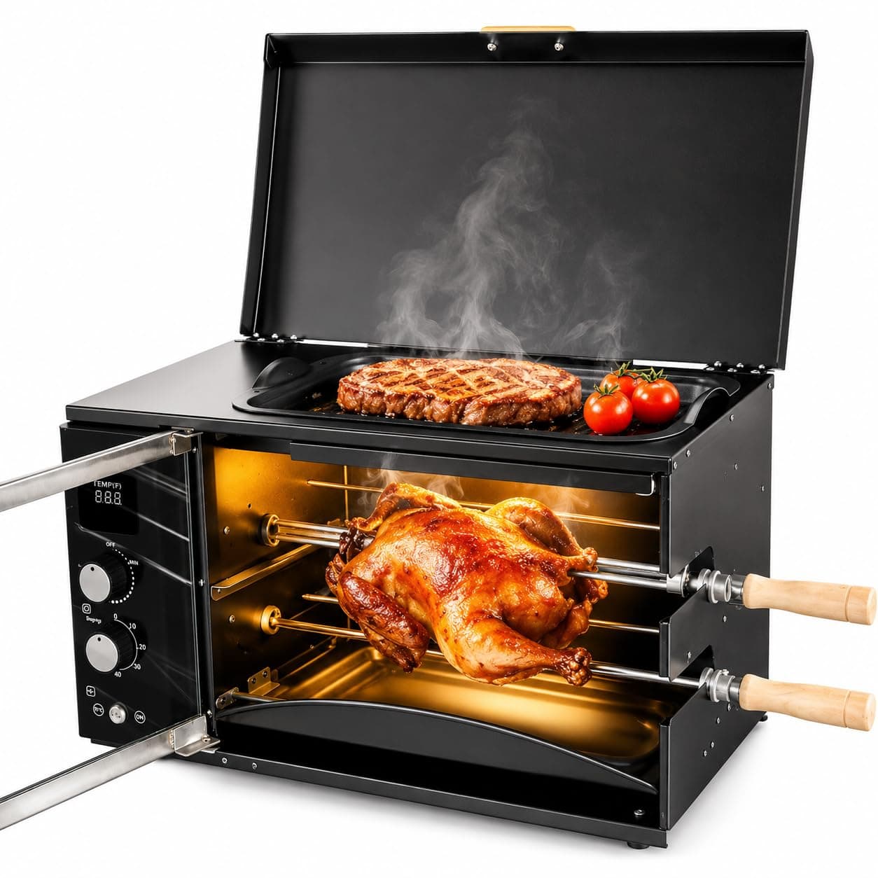 Electric Rotisserie Oven with Dual Skewers, Digital Temperature Control