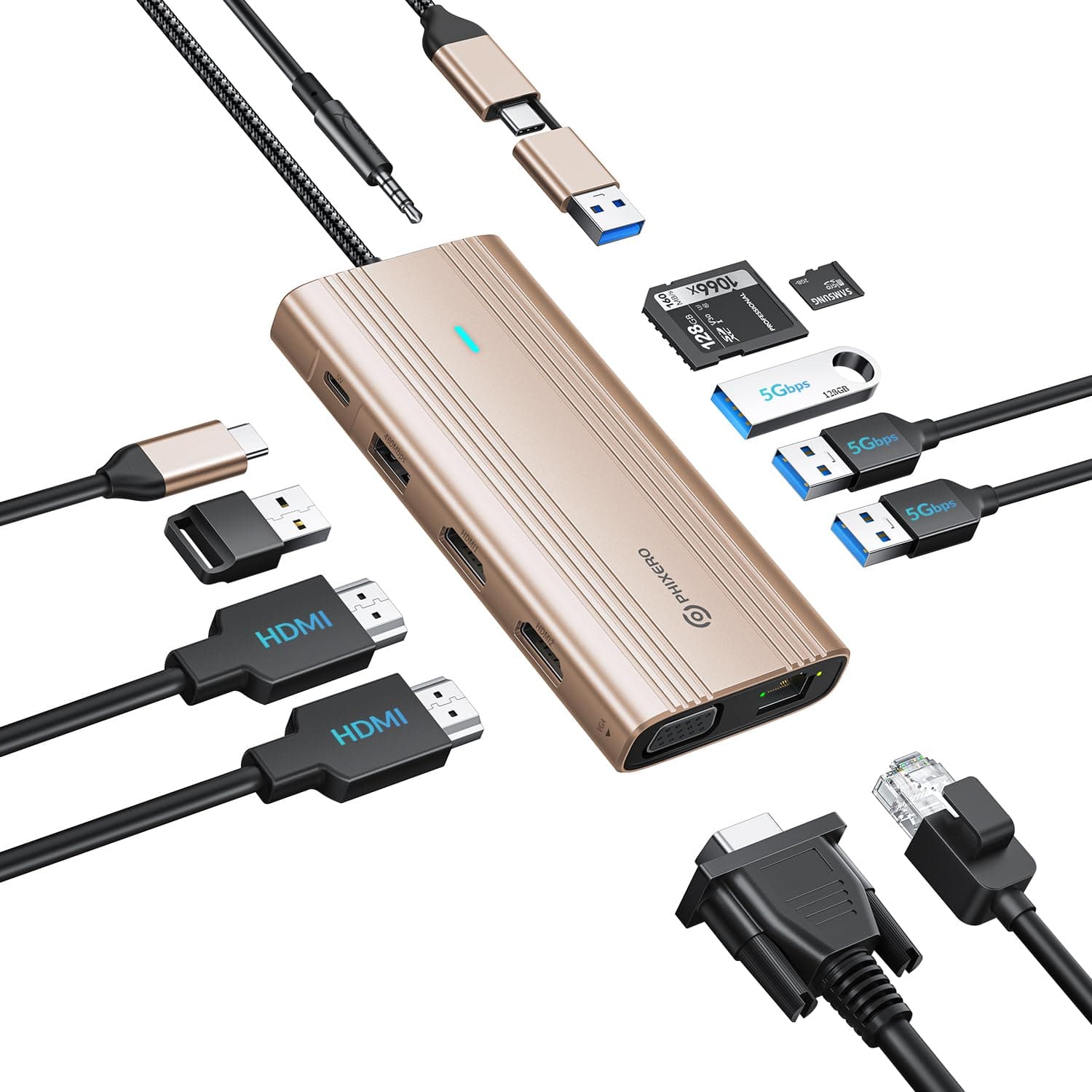 PHIXERO Displaylink Dock, 12 in 1 Docking Station Dual Monitor 4K@60HZ for MacBook, Windows, USB C Docking Station with 2 HDMI & 2 DisplayPort, 100W PD, 3 USB 3.2 [10 Gbps], Ethernet, Audio
