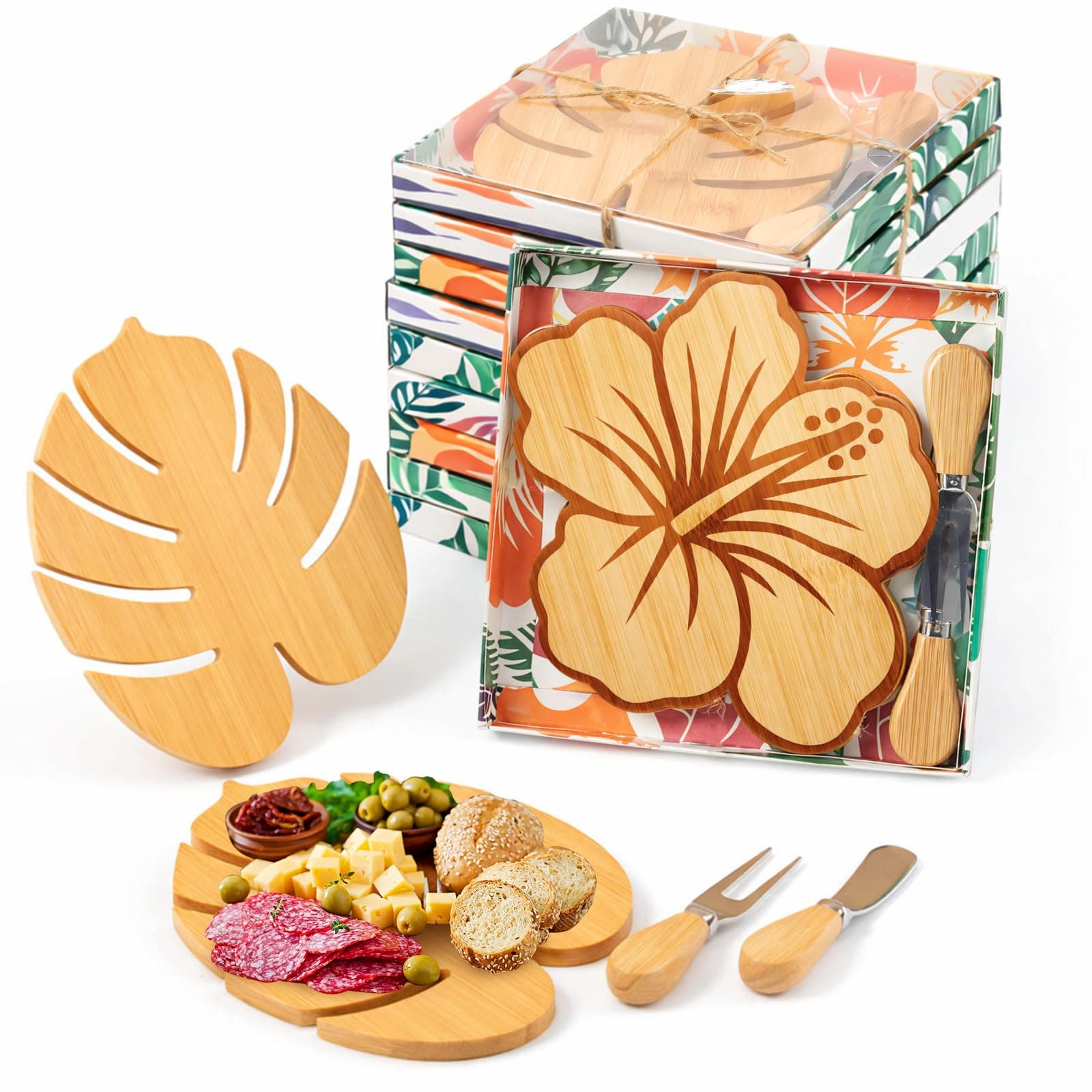 Ziliny 12 Set Hawaiian Luau Charcuterie Board for Party Decoration,Tropical Small Cutting Cheese Board with Knives and Forks for Baby Shower Summer Beach Birthday Party (Palm Leaf,Hibiscus Flower)