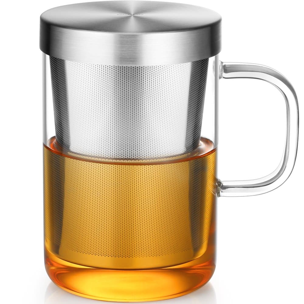 Ecooe Borosilicate Glass Tea Cup Tea Glasses with Stainless Steel Infuser & Lid, 500mL (Full Capacity)