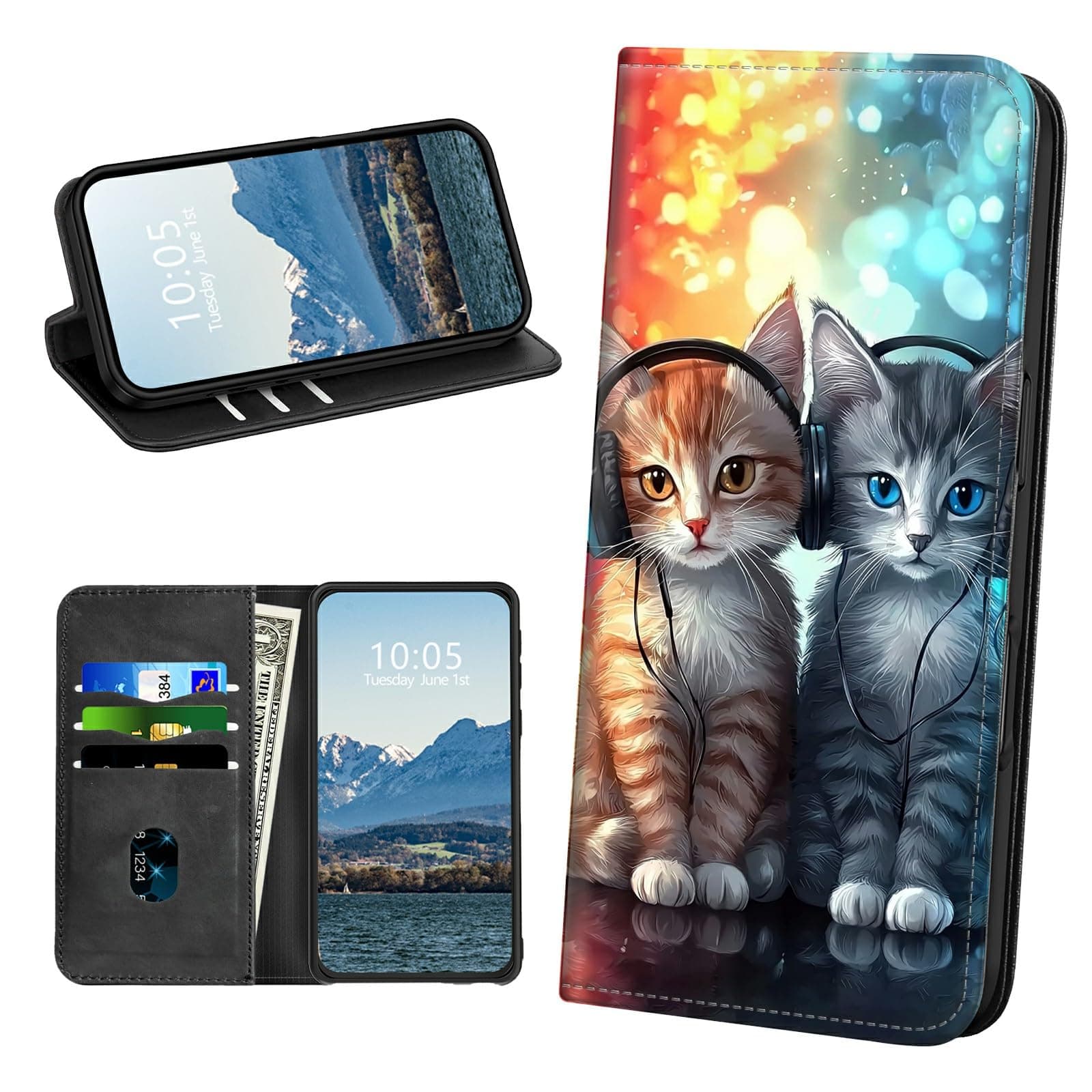 Cute Cats with Headphones Wallet Case for Motorola Moto G 5G 2024/Moto G Play 5G 2024 6.6" with Card Holder Slots RFID-Shielded PU Leather Kickstand Shockproof Magnetic Protective Case