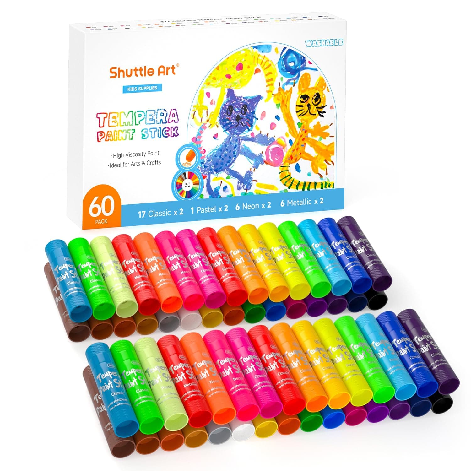 Shuttle Art Tempera Paint Sticks, 60 Pack, 2 Sets of 30 Colors Solid Tempera Paint, Washable, Super Quick Drying, Works Great on Paper, Wood, Glass, Ceramic, Canvas for Class School