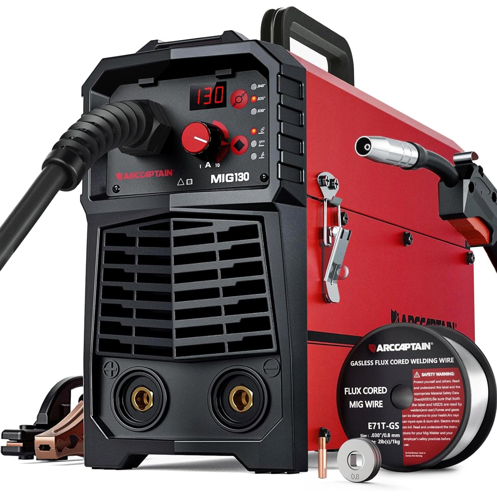ARCCAPTAIN 130A MIG Welder, 110V Flux Core MIG Welder/Lift TIG/Stick 3 in 1 Welding Machine with Synergy, IGBT Inverter Portable Gasless Welder Equipment with Welding Gun and 2lb Welding Wire