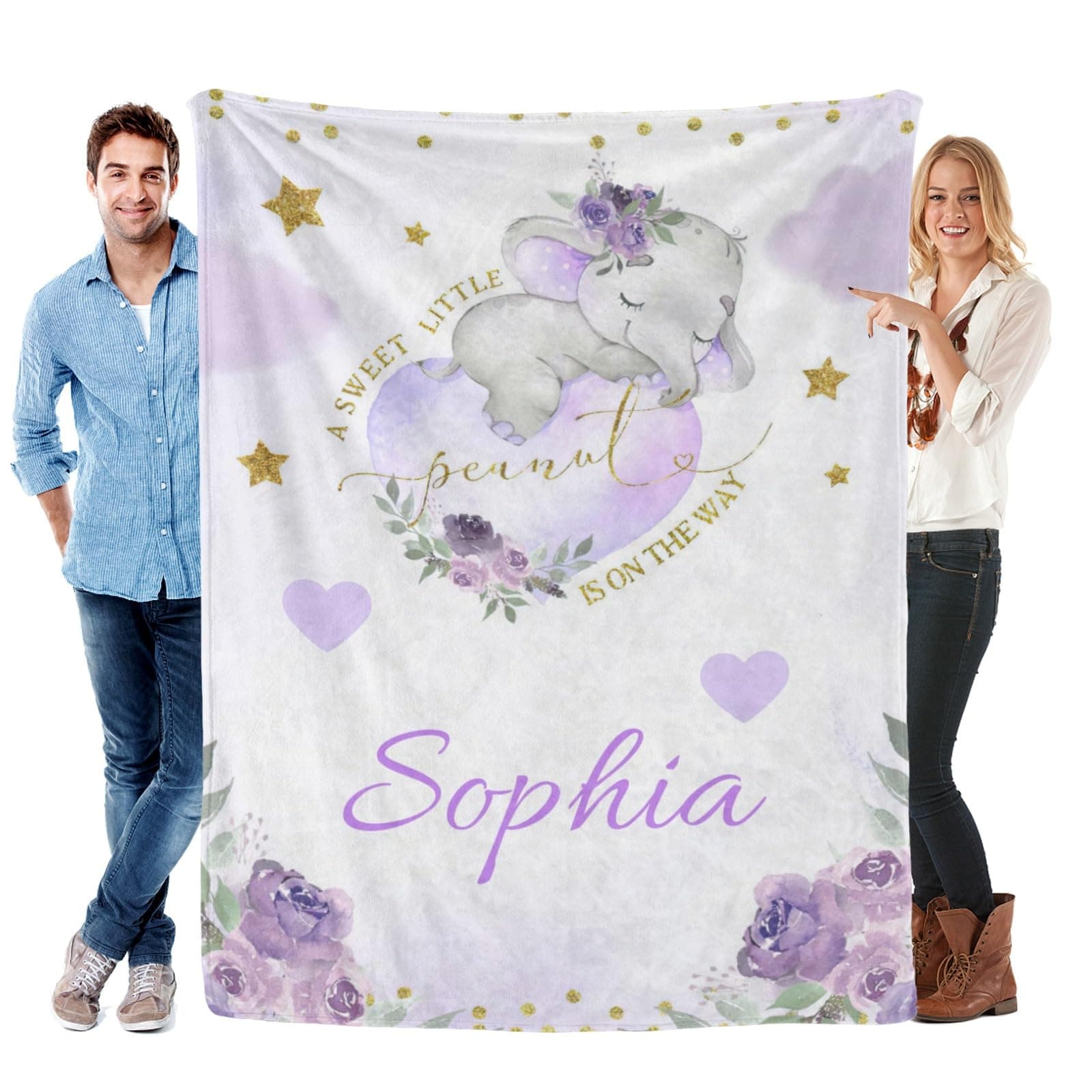 CADE Customized Baby Blanket for Girls Personalized Baby Blanket with Name Custom Name Blankets for Girl Infant Toddler Baby Lavender Floral Elephant Blanket for Girls