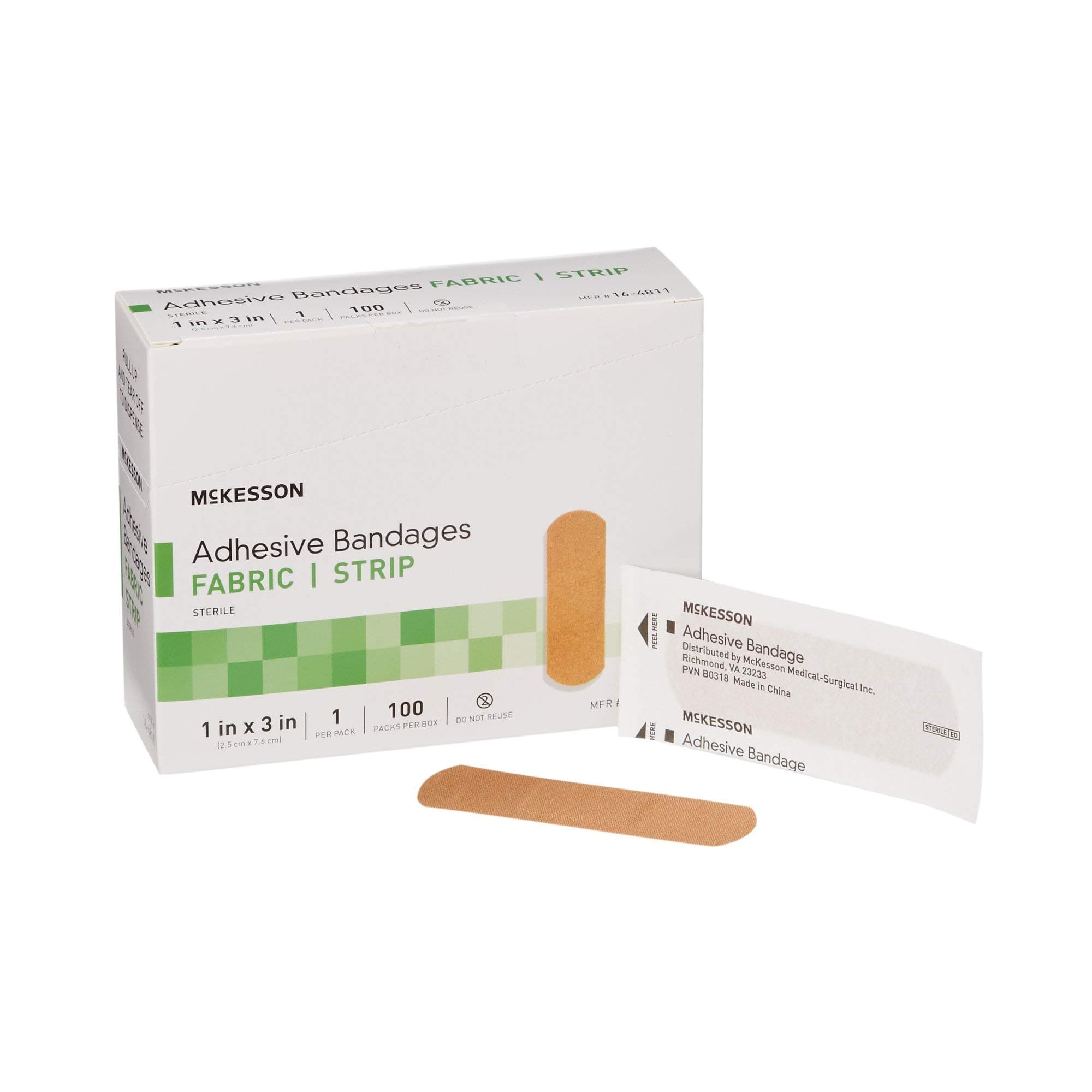 McKesson Adhesive Bandages, Sterile, Fabric Strip, 1 in x 3 in, 100 Count, 4 Packs, 400 Total