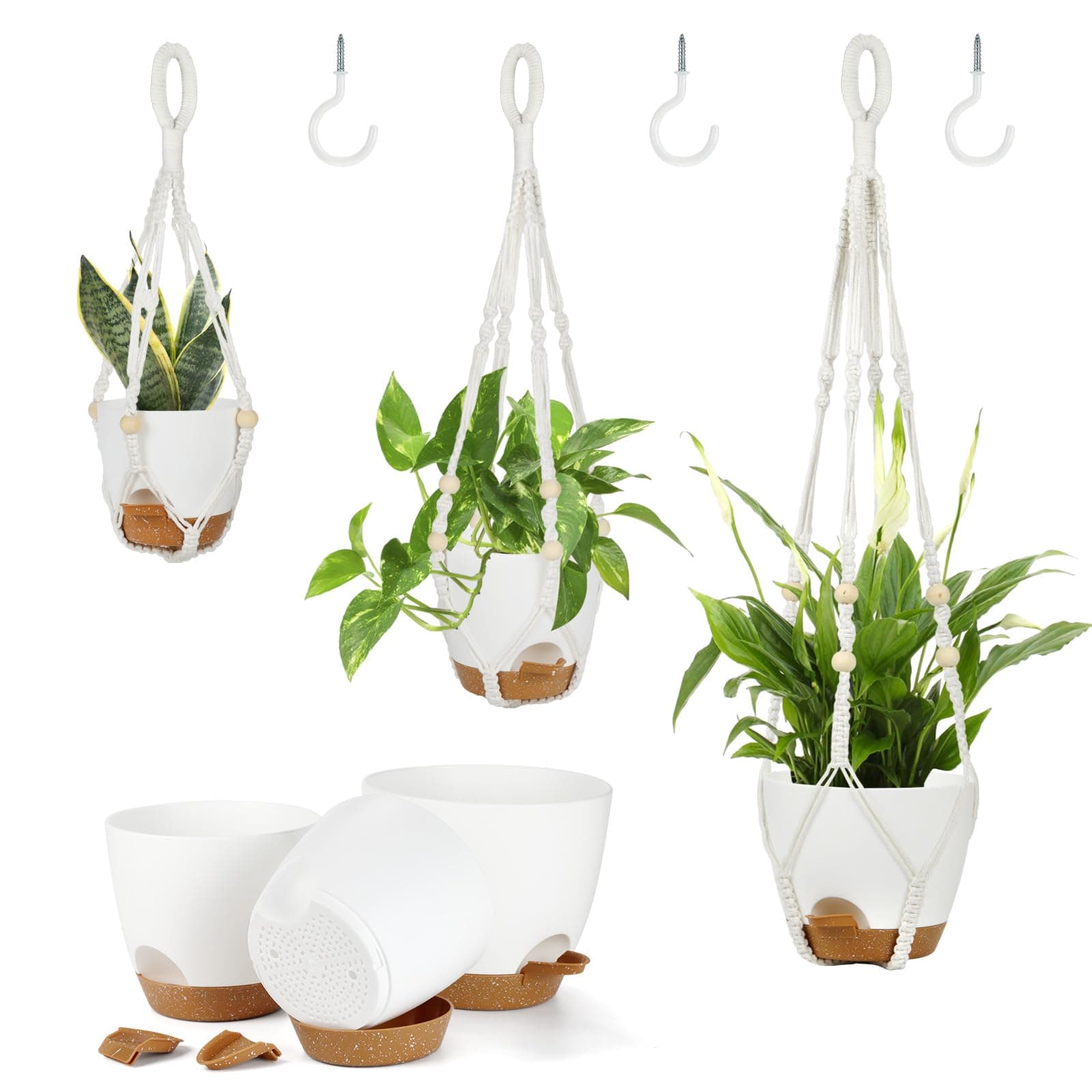 Hanging Planter with Drainage Hole,7" + 6" + 5.5" Self Watering Hanging Pot with Macrame,Plant Hangers with Wood Beads for Indoor Outdoor,Hanging Flower Baskets for Boho Home Decor - White