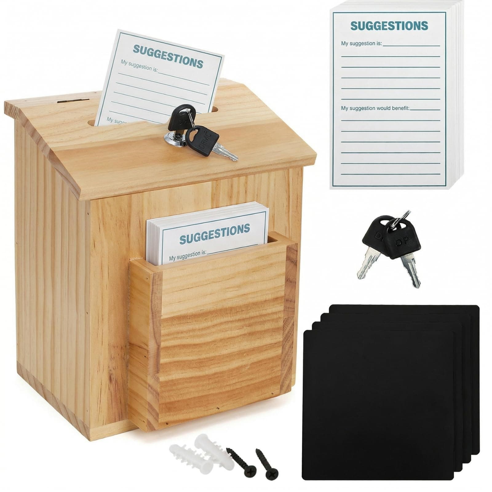 ZENFUN Wooden Suggestion Box with 50 Free Suggestion Cards, Natural Pinewood Ballot Comment Box Donation Box with Locking Hinged Lid for Countertop or Wall Mounted, 8.6" x 6.8" x 10"
