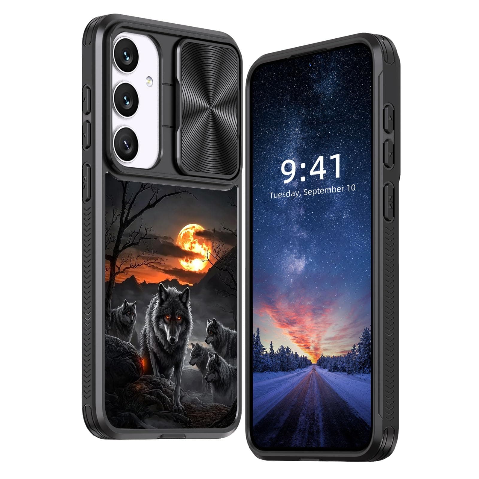 Tudguiloae for Samsung Galaxy S25 Plus Case with Slide Camera Cover, Camera Lens Protection Phone Case for S25 Plus, Heavy Duty Shockproof Full Body Protective Cover, Moon Wolf Group