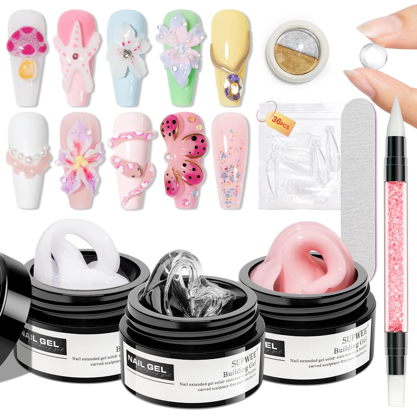 SUPWEE 3PCS Sculpting 3D Nail Gel Art Molding Solid Builder Gel