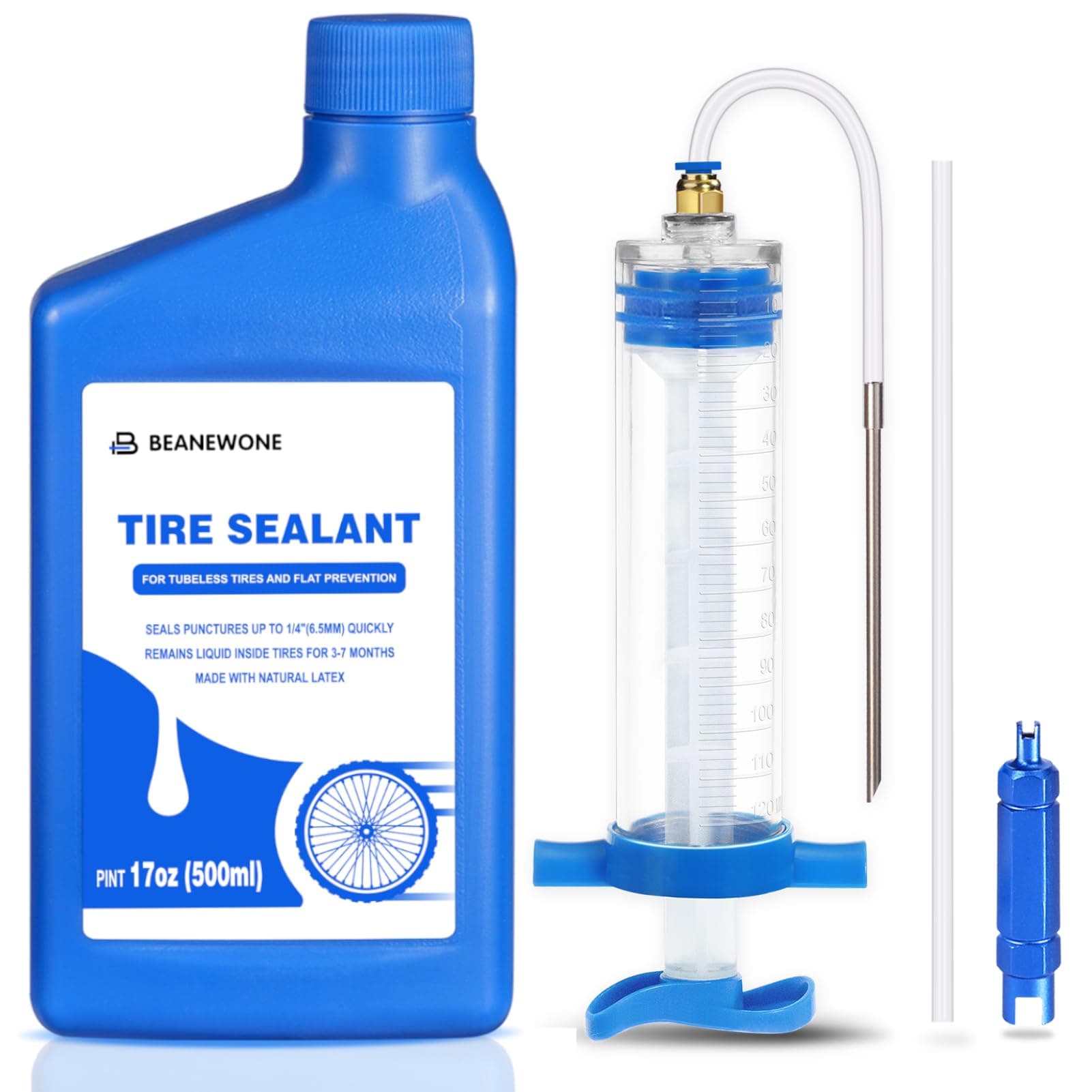 Beanewone Tubeless Tire Sealant, Tubeless Bike Sealant - 2oz per Bottle, Long-Lasting for MTB, No Tubes and Tubeless Tires. No Tire Removal, Directly Refills in Under 30s (500mL(17oz) w/Injector)