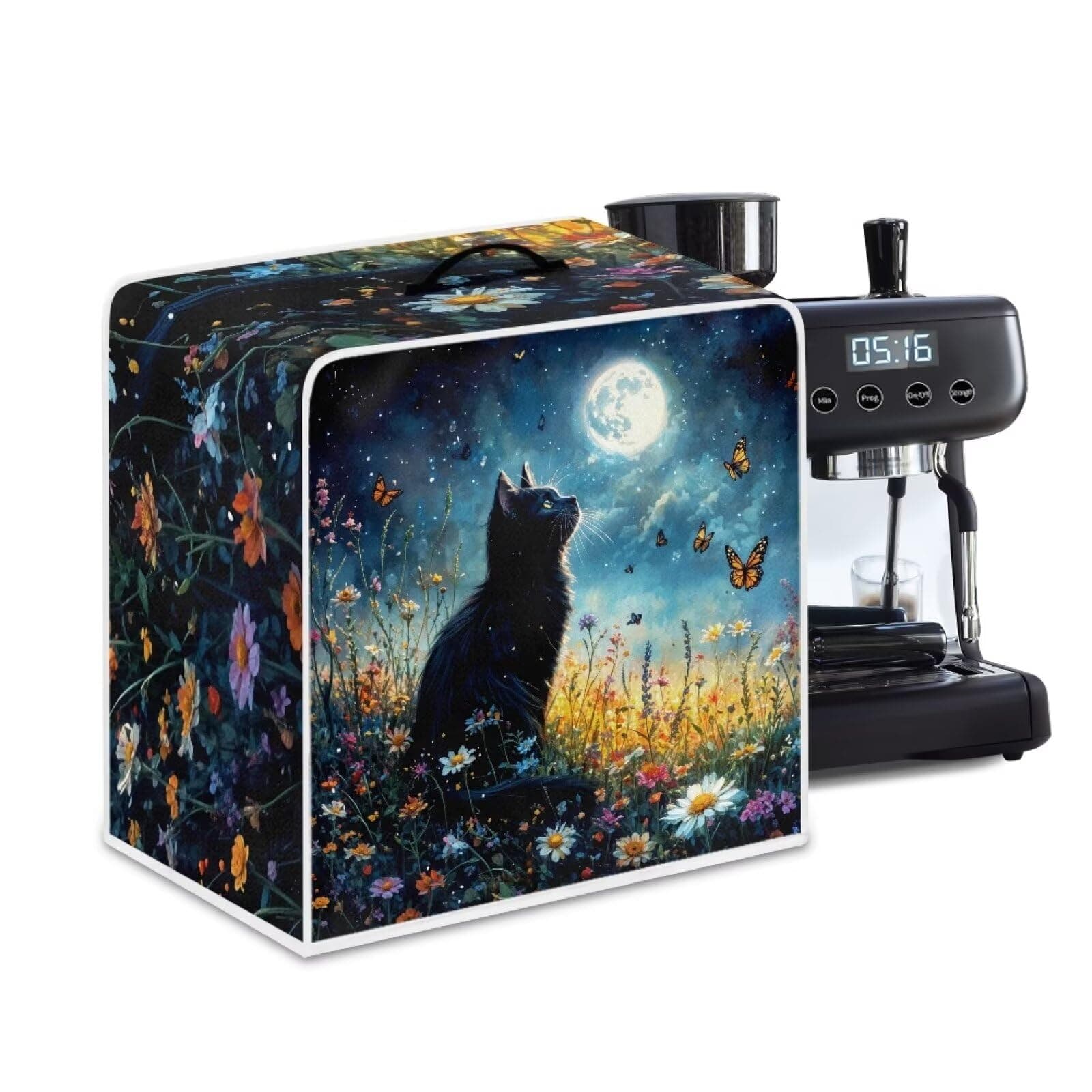 Kathyboom Black Cat Daisy Butterfly Coffee Maker Covers with Top Handle Folding Coffee Machine Dust Covers portable Covers for Small Kitchen Appliance