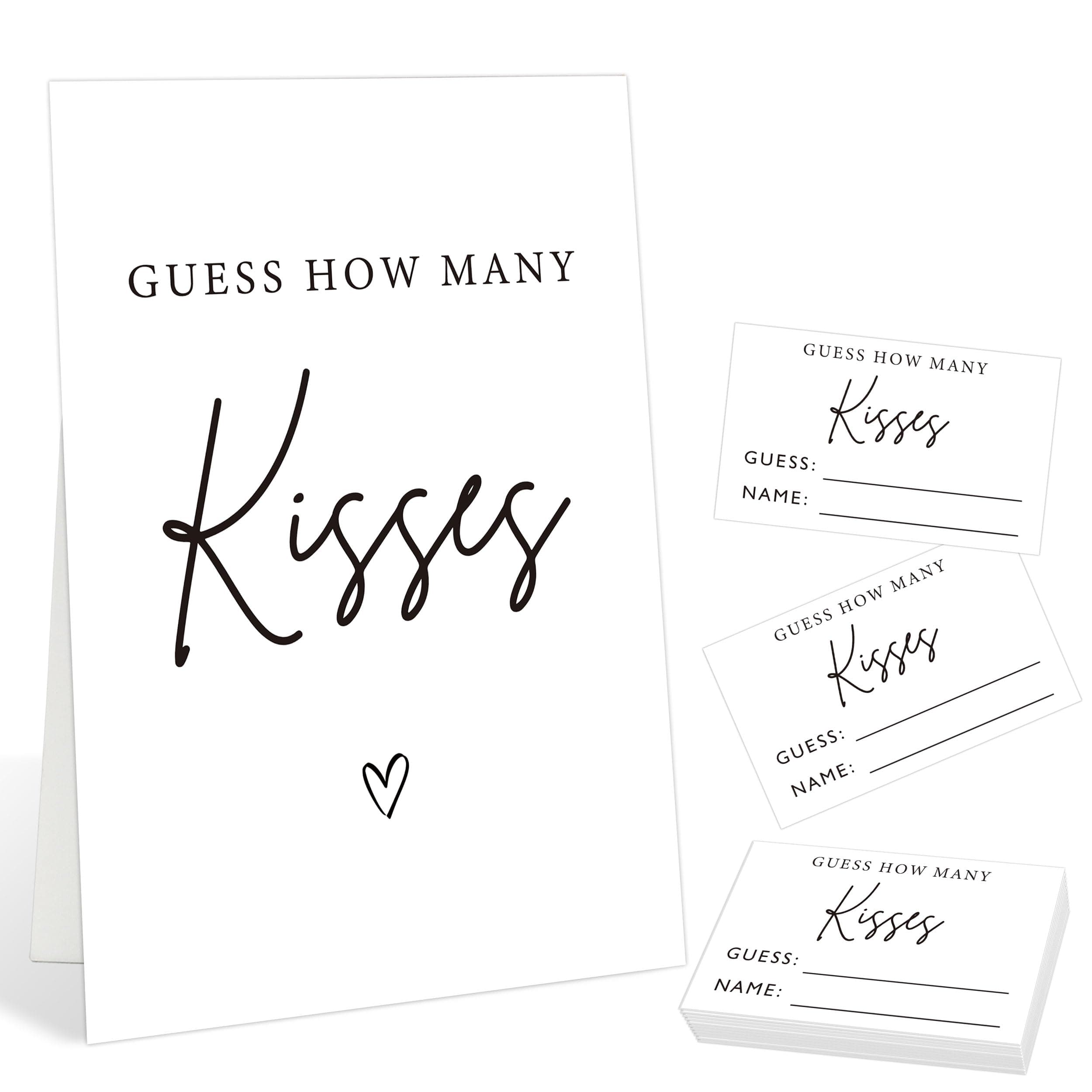 Minimalist Style How Many Kisses Bridal Shower Games Set(1 Sign and 50 Cards), Baby Shower Games for Guests, Wedding Day, Bachelorette Party Night, Gender Reveal Party Activities, 02