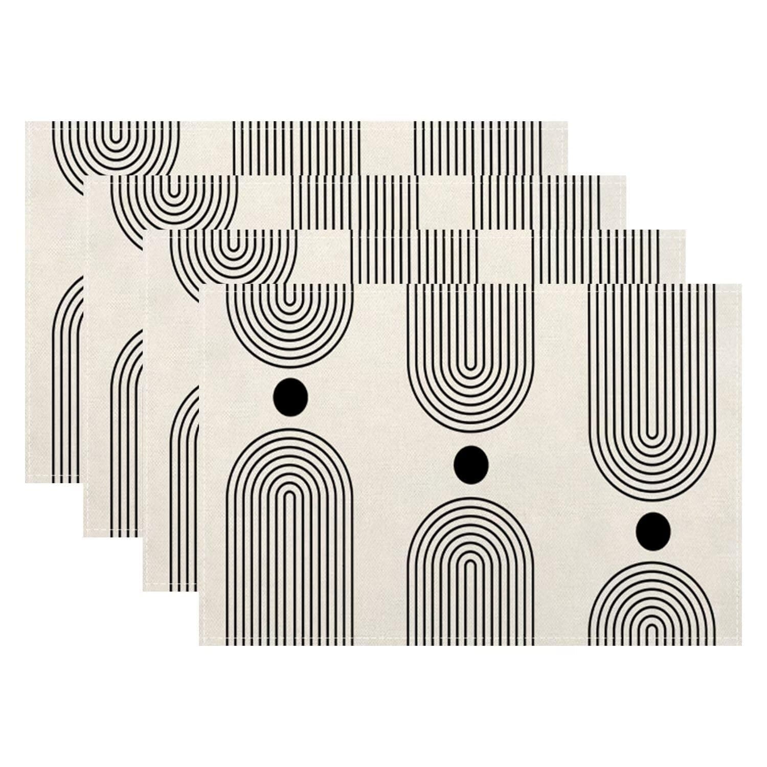 Boho Mid Century Placemats 12x18 Inch Set of 4, Abstract Simple Sun Arch Pattern Table Place Mat Boho Modern Black Spot Washable Table Mats Decorative Linen Fabric Table Mat for Dining Table