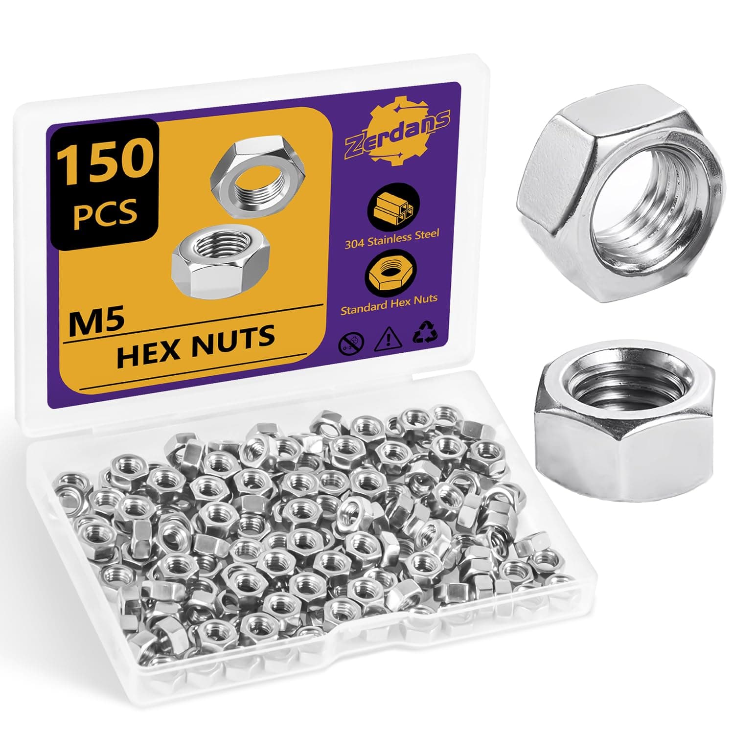 M5-0.8mm Hex Nuts, 150Pcs Metal Nuts, Steel Nut, (18-8) 304 Stainless Steel Nuts Set, Machine Screw Hex Nuts, Assorted Hardware Nuts Sets for Bolt for Furniture, Car and ConstructionNuts