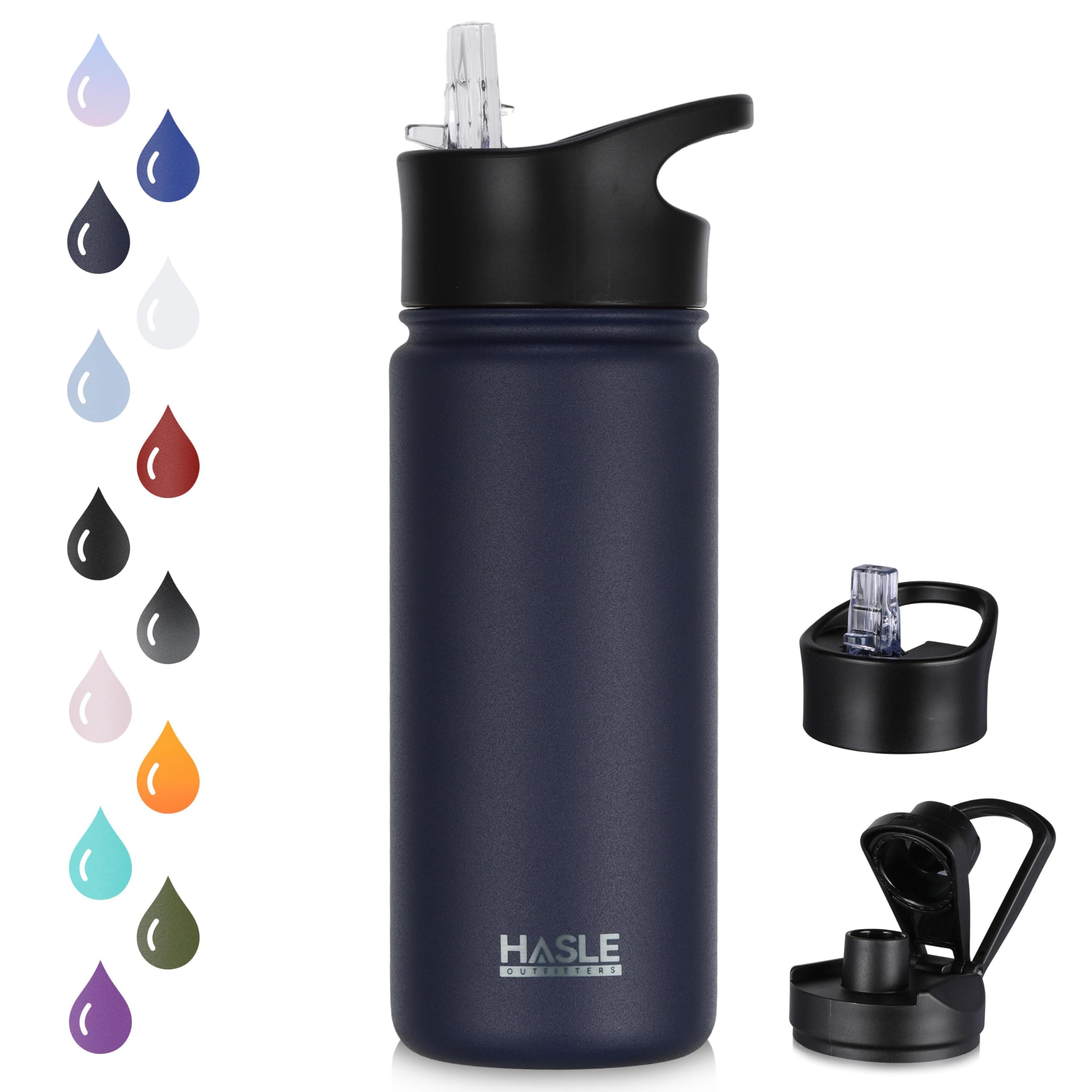HASLE OUTFITTERS Insulated Water Bottle 16 oz Double Wall Vacuum Stainless Steel Water Bottle Leak Proof for Wide Mouth with Straw Lid & Spout Lid Keeps Cold and Hot(Navy,1pack)