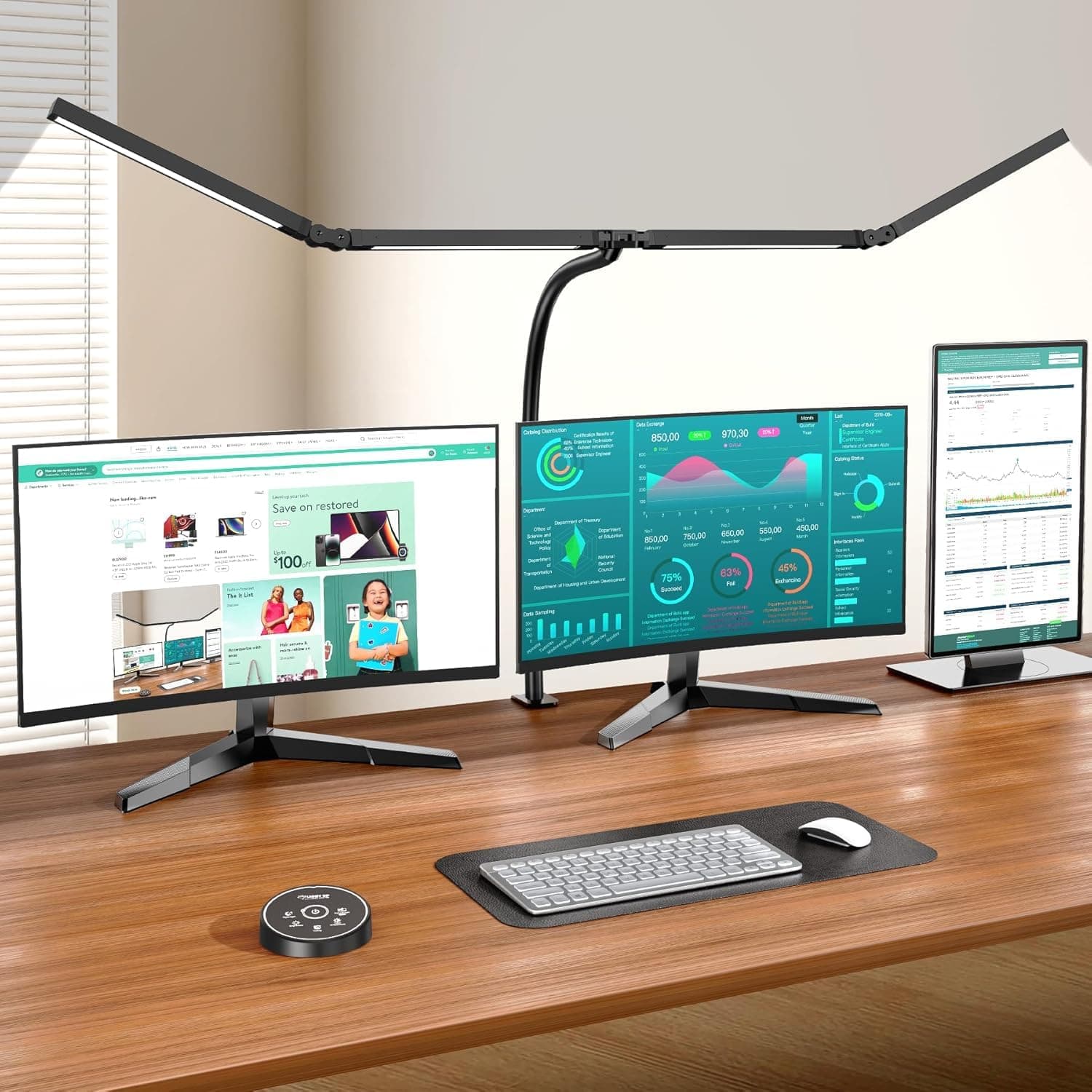 Led Desk Lamps for Home Office - 4 Head Supports 3 Computer Monitor Screens Work Desk Light with Remote Control: Eye Caring Architect Lamp with Clamp，24W Flexible Dimmable Desktop Table Lamp
