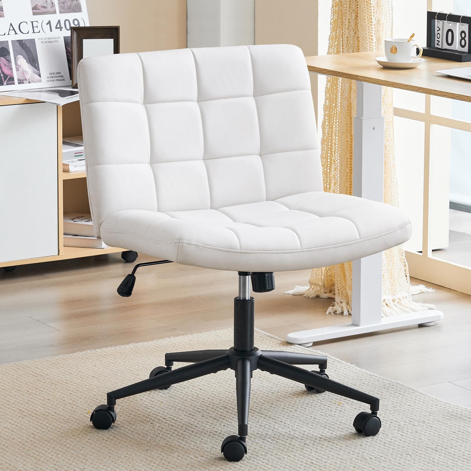 Furnimart Swivel Criss Cross Office Chair with Wheels for Home Office, Faux Leather Wide Armless Desk Chair Height Adjustable Comfy Seat for Desk,Vanity, Bedroom, White